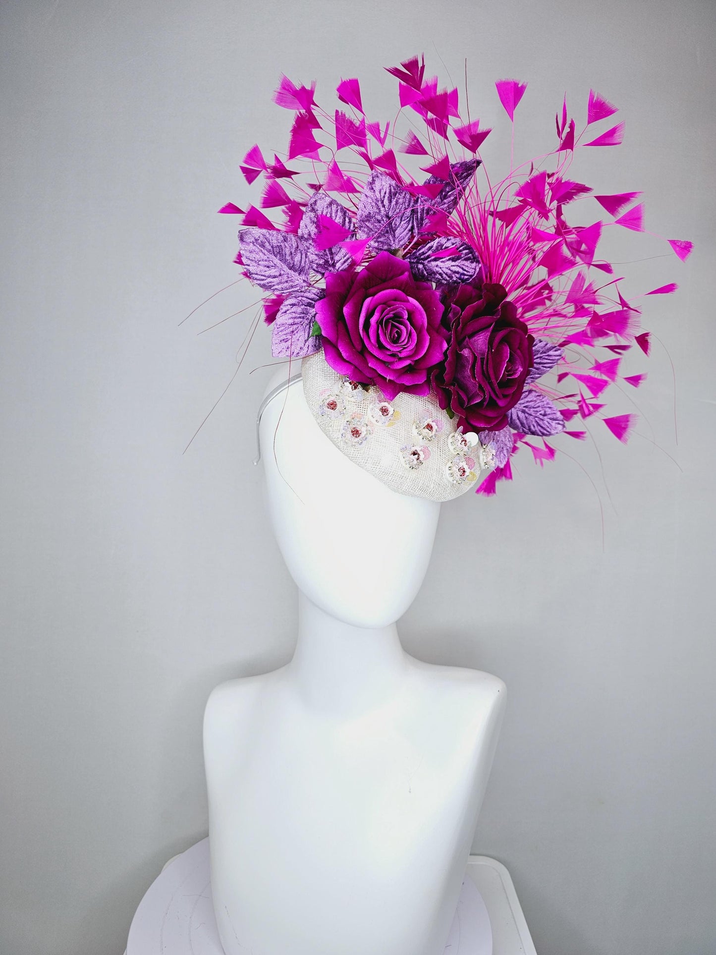 kentucky derby hat fascinator white sinamay with iridescent beading,purple satin flowers,lavender purple leaves, hot pink branching feathers