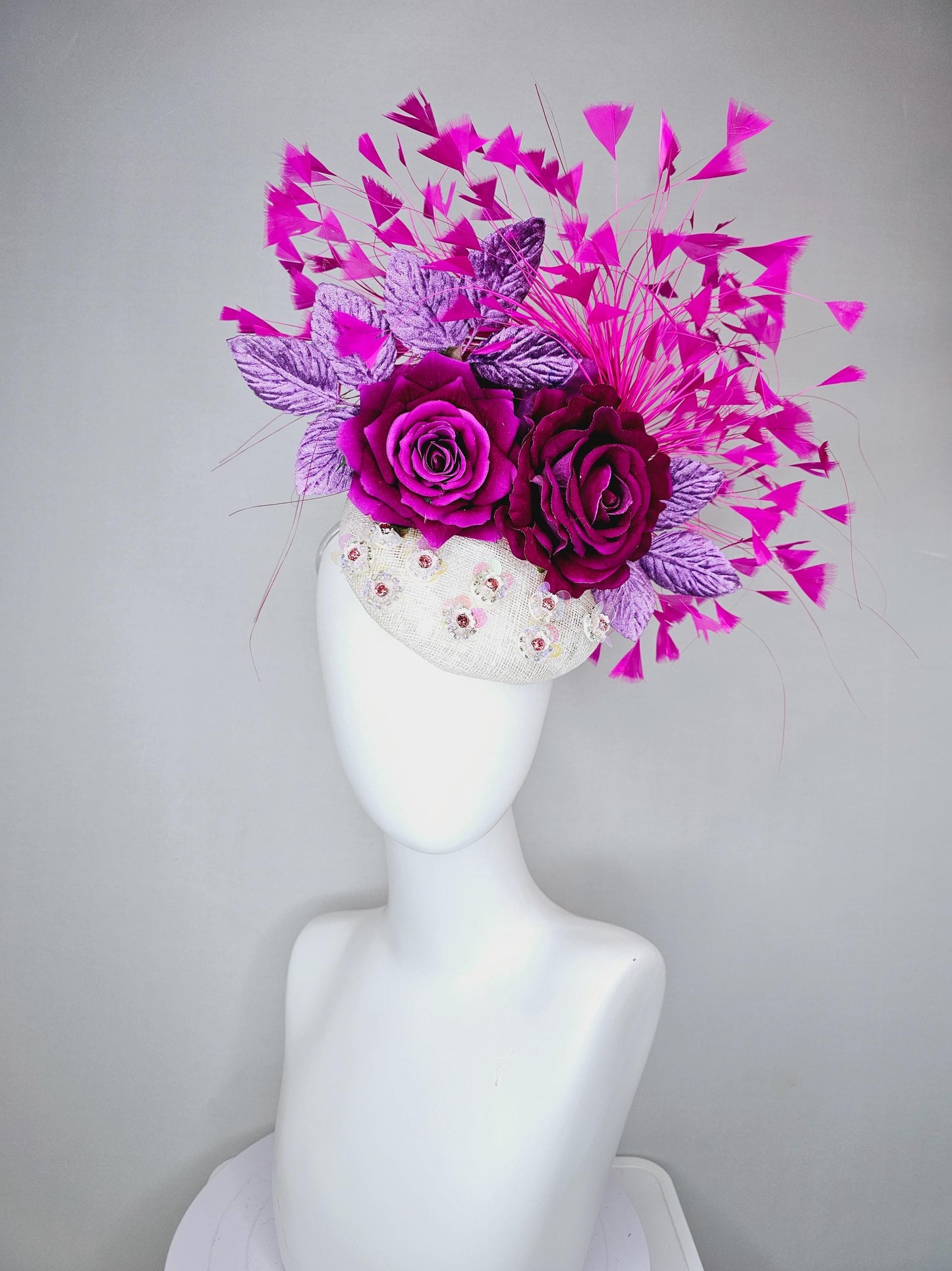 kentucky derby hat fascinator white sinamay with iridescent beading,purple satin flowers,lavender purple leaves, hot pink branching feathers