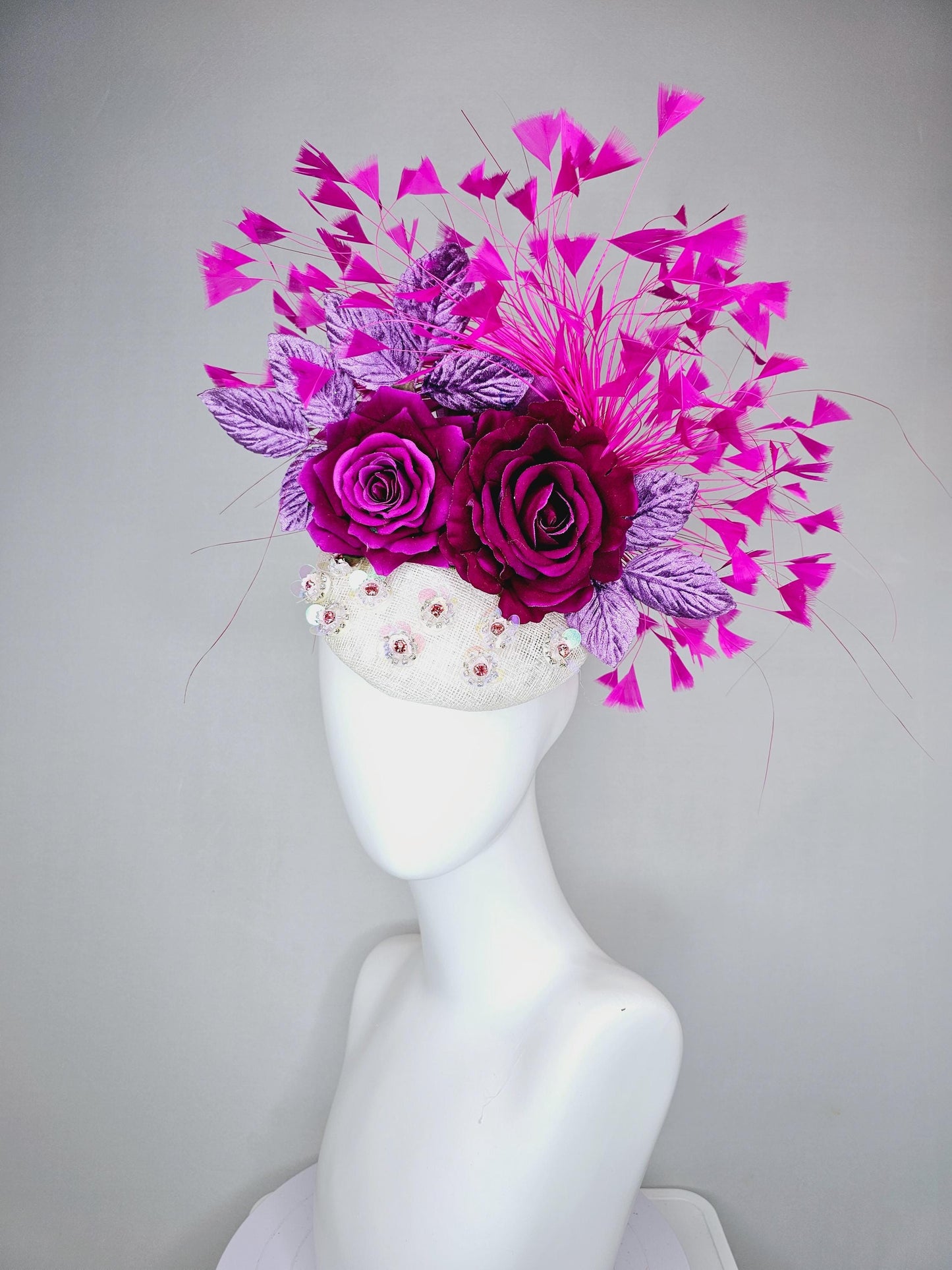 kentucky derby hat fascinator white sinamay with iridescent beading,purple satin flowers,lavender purple leaves, hot pink branching feathers