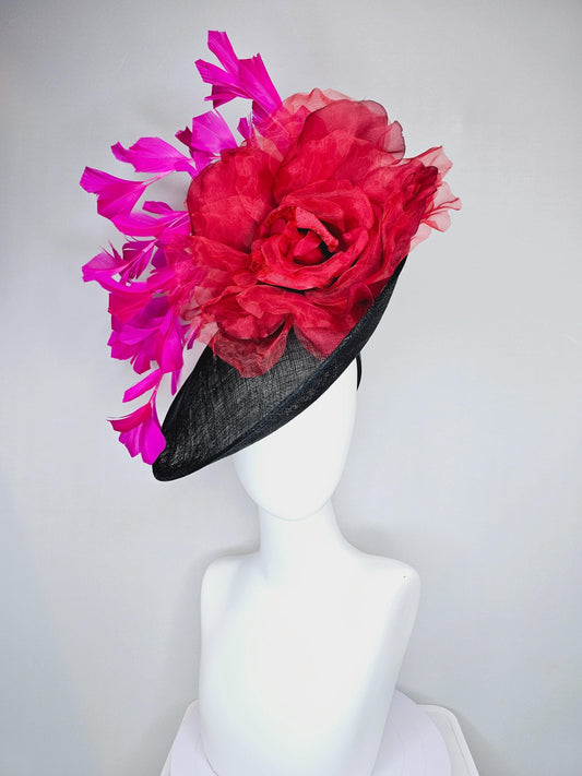 kentucky derby hat fascinator black sinamay saucer with large bright red organza satin rose and hot fuchsia pink branching feathers