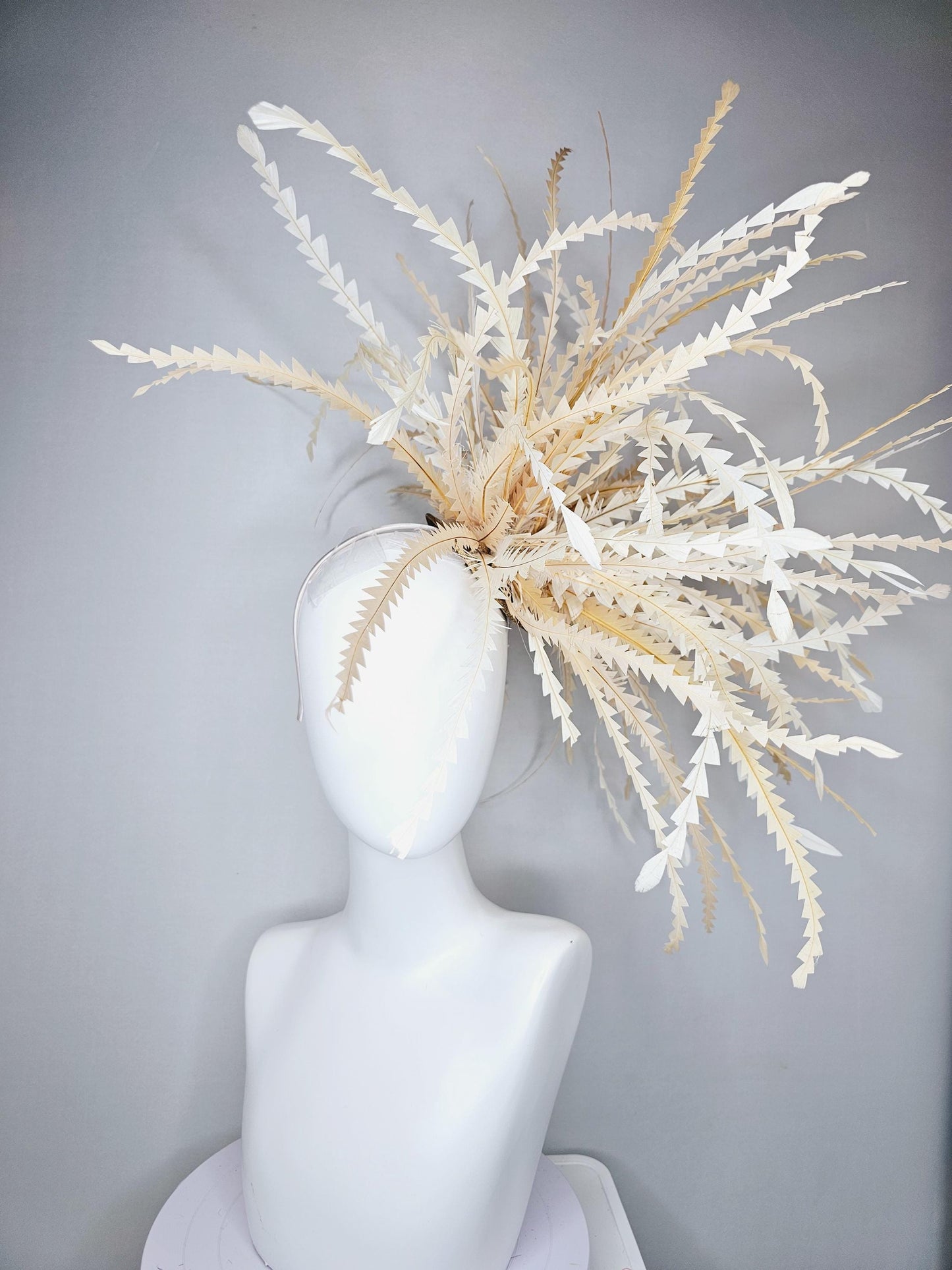 kentucky derby hat fascinator huge tan, beige, light tan neutral zigzag feather headpiece