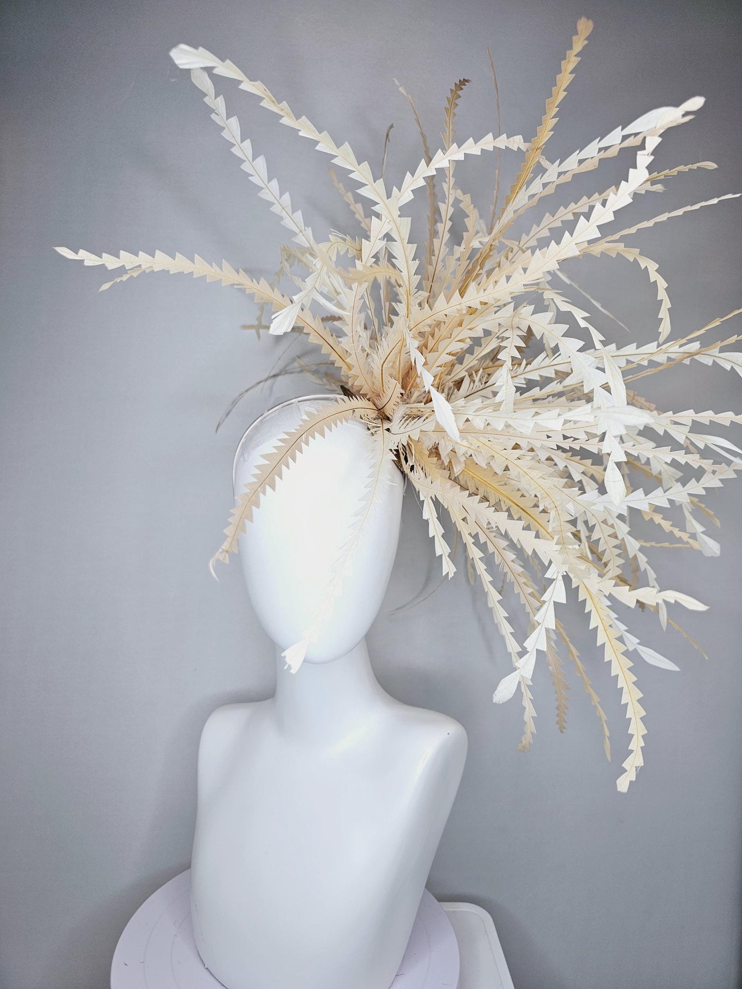 kentucky derby hat fascinator huge tan, beige, light tan neutral zigzag feather headpiece