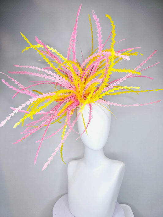 kentucky derby hat fascinator huge light pink and bright yellow zigzag feather headpiece