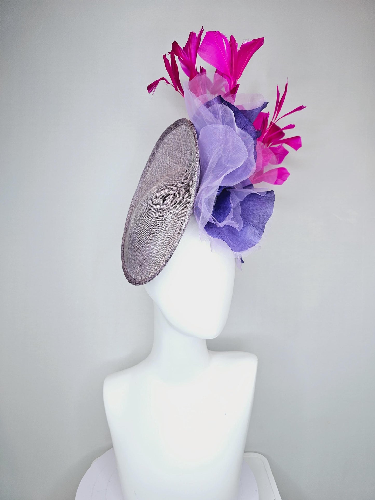 kentucky derby hat fascinator gray sinamay saucer with large lavender purple organza satin rose and bright fuchsia pink branching feathers