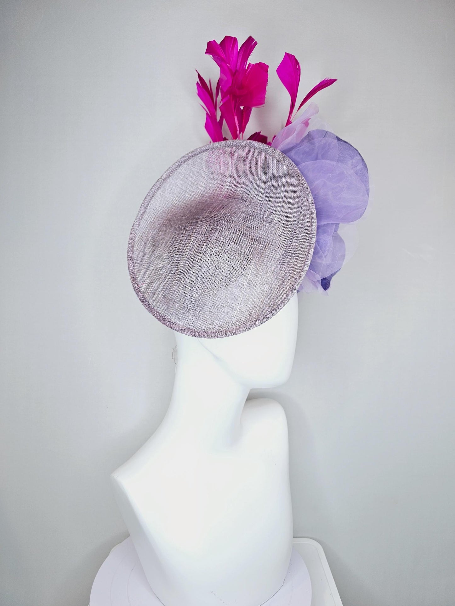 kentucky derby hat fascinator gray sinamay saucer with large lavender purple organza satin rose and bright fuchsia pink branching feathers