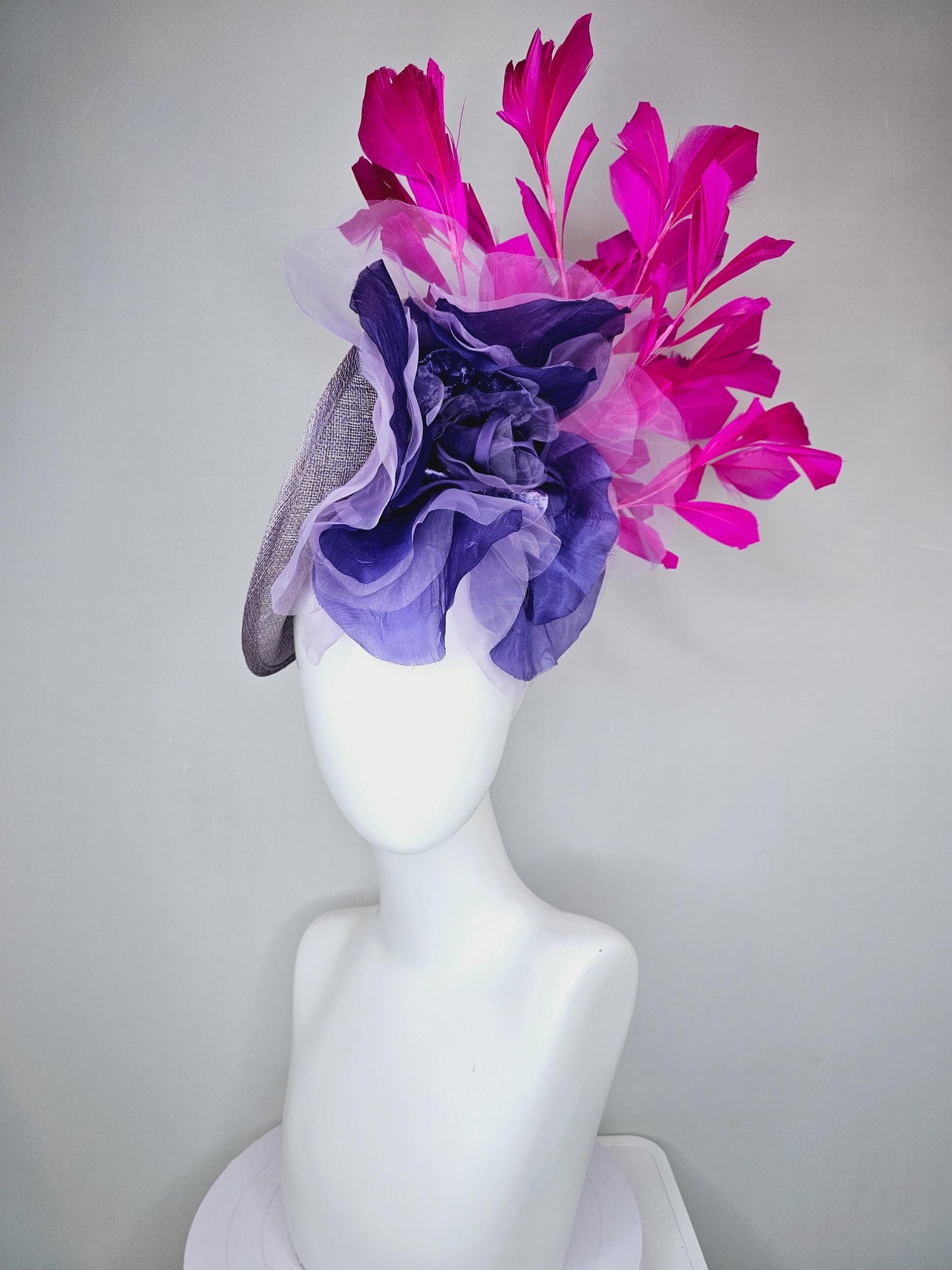 kentucky derby hat fascinator gray sinamay saucer with large lavender purple organza satin rose and bright fuchsia pink branching feathers