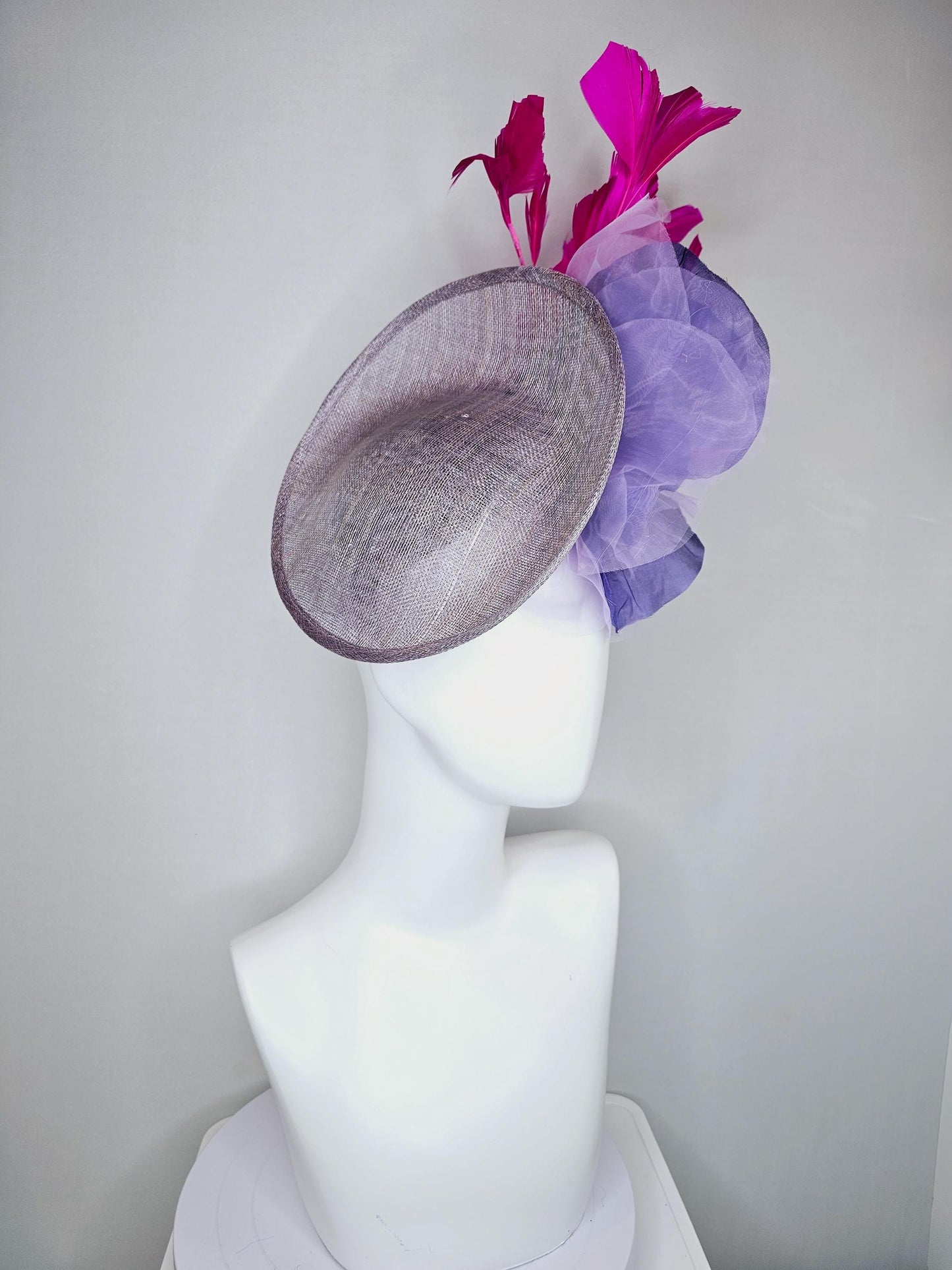 kentucky derby hat fascinator gray sinamay saucer with large lavender purple organza satin rose and bright fuchsia pink branching feathers