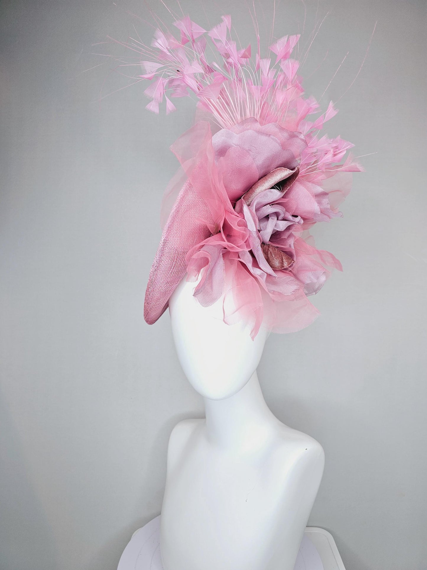 kentucky derby hat fascinator light pink sinamay saucer w/ large blush pink lilac rose gold organza satin rose,light pink branching feathers