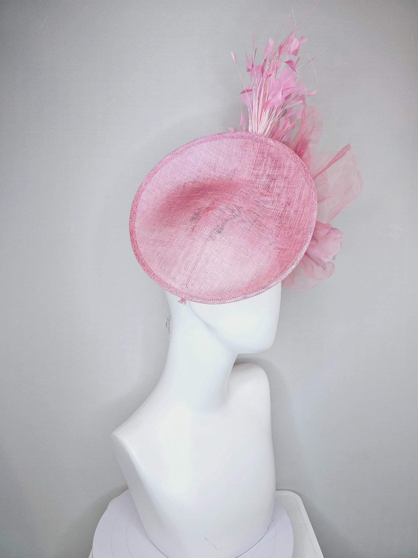 kentucky derby hat fascinator light pink sinamay saucer w/ large blush pink lilac rose gold organza satin rose,light pink branching feathers