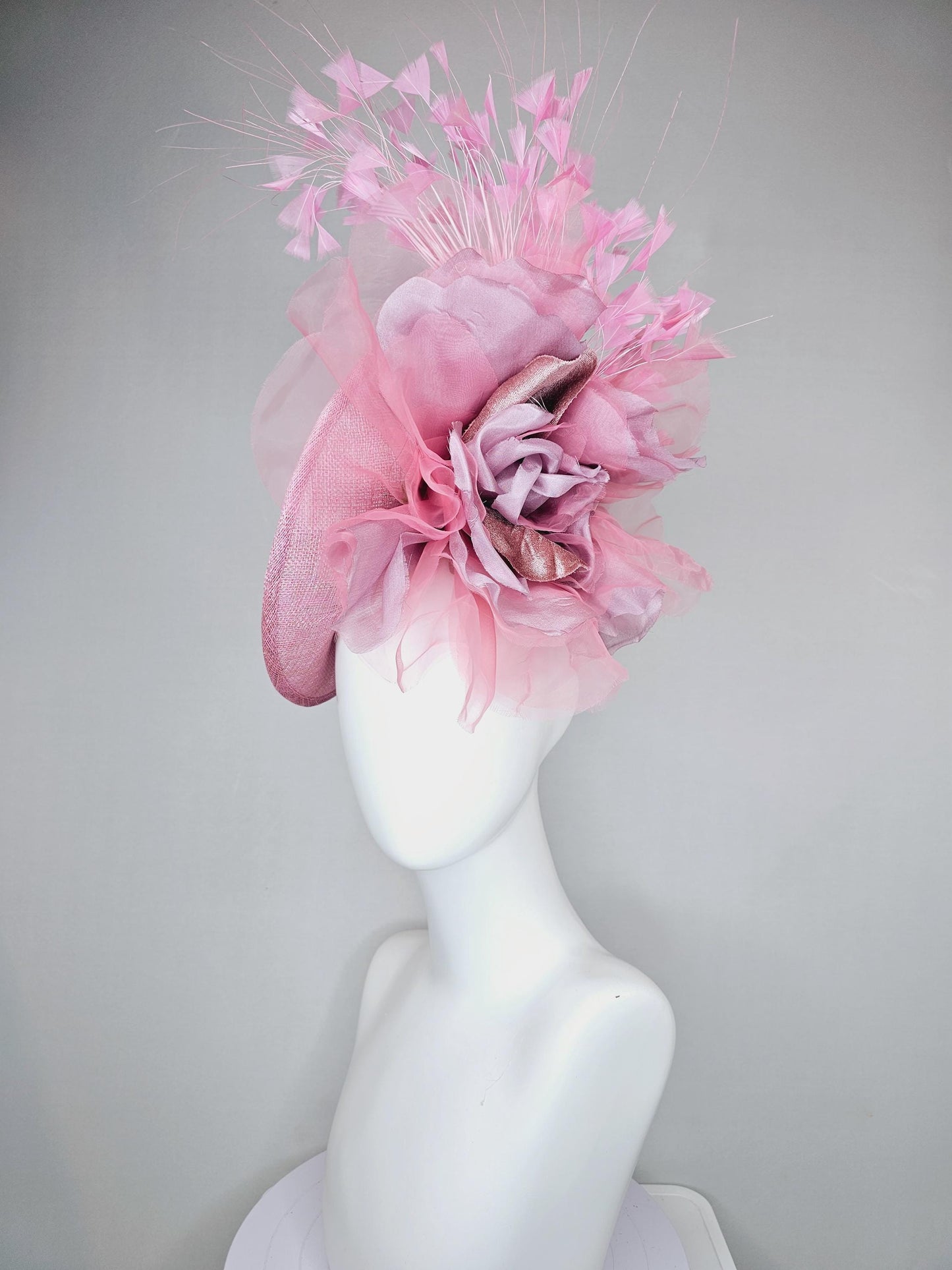 kentucky derby hat fascinator light pink sinamay saucer w/ large blush pink lilac rose gold organza satin rose,light pink branching feathers