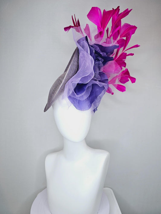 kentucky derby hat fascinator gray sinamay saucer with large lavender purple organza satin rose and bright fuchsia pink branching feathers