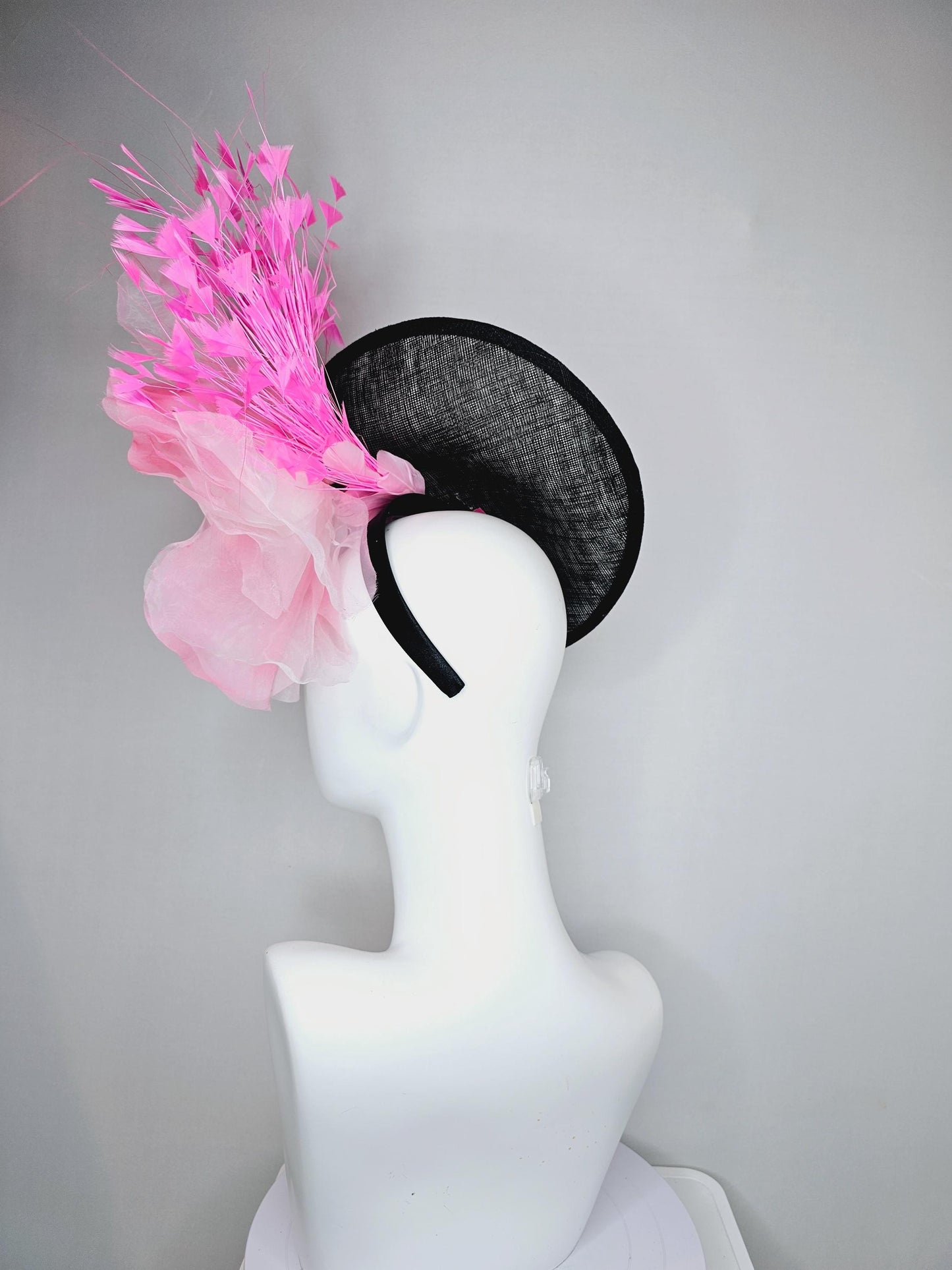 kentucky derby hat fascinator black sinamay saucer with large light pink organza satin rose and pink branching feathers