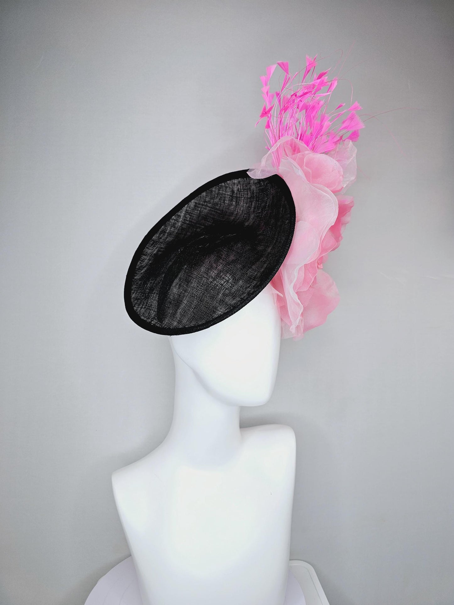 kentucky derby hat fascinator black sinamay saucer with large light pink organza satin rose and pink branching feathers