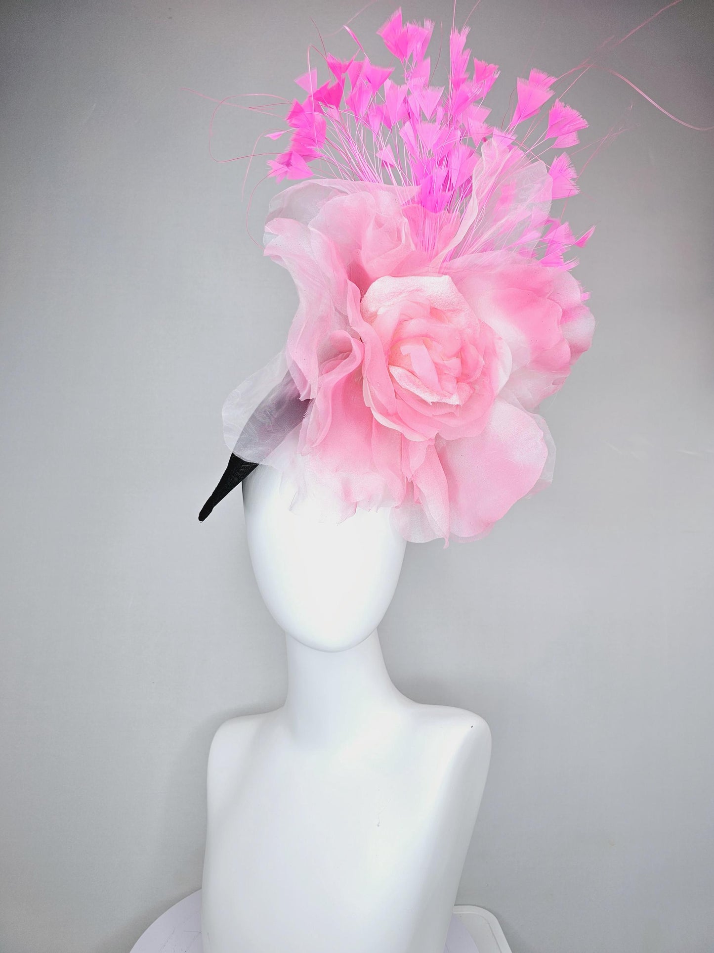 kentucky derby hat fascinator black sinamay saucer with large light pink organza satin rose and pink branching feathers