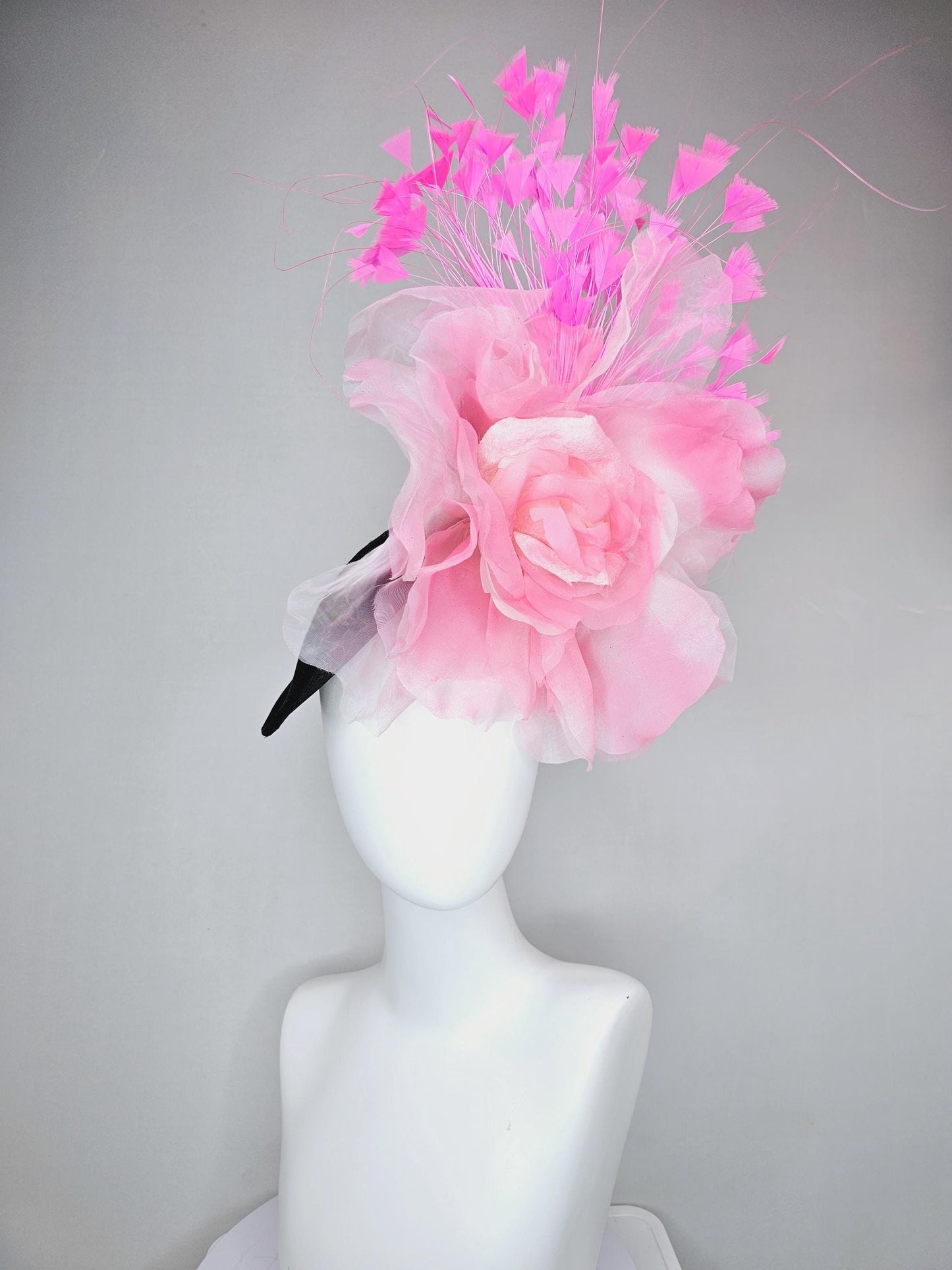 kentucky derby hat fascinator black sinamay saucer with large light pink organza satin rose and pink branching feathers