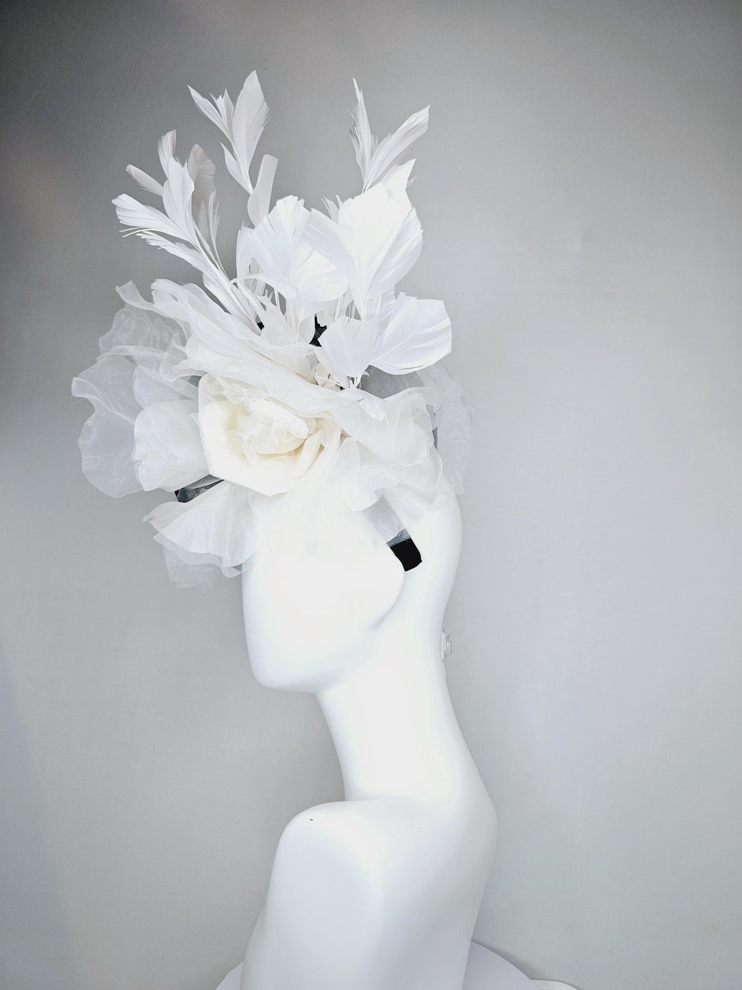 kentucky derby hat fascinator black sinamay saucer with large ivory white organza satin rose and white branching feathers