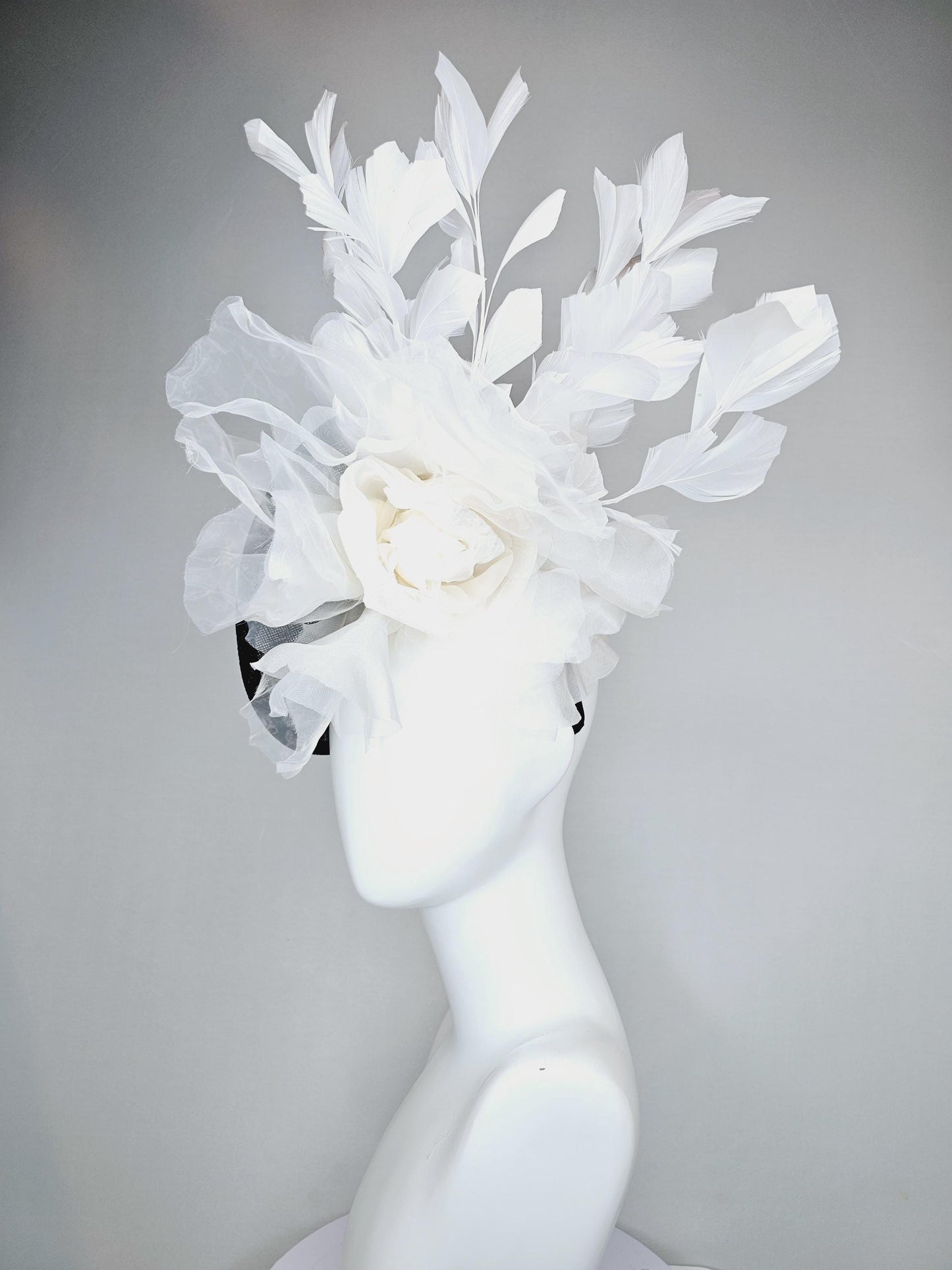 kentucky derby hat fascinator black sinamay saucer with large ivory white organza satin rose and white branching feathers