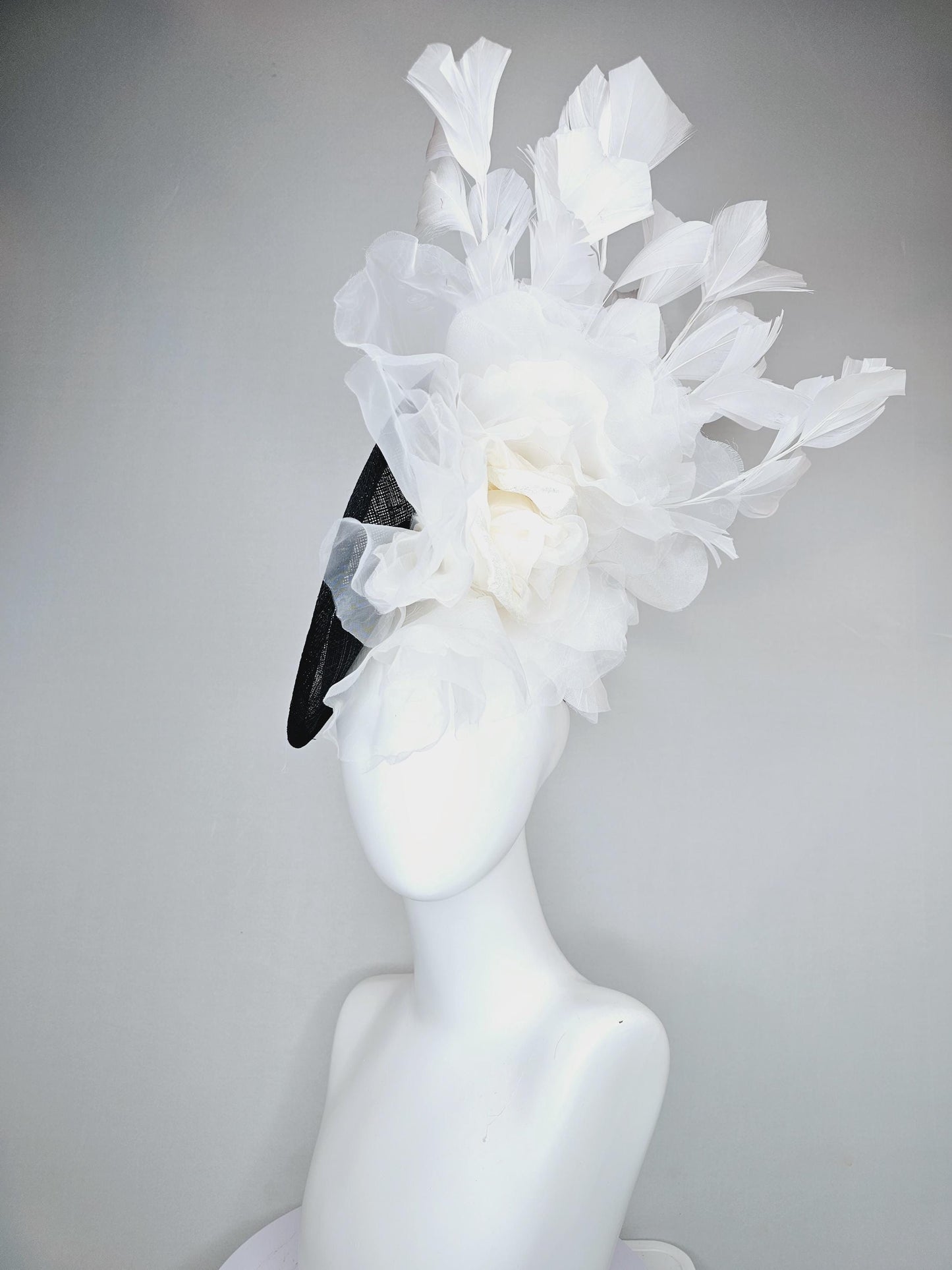 kentucky derby hat fascinator black sinamay saucer with large ivory white organza satin rose and white branching feathers