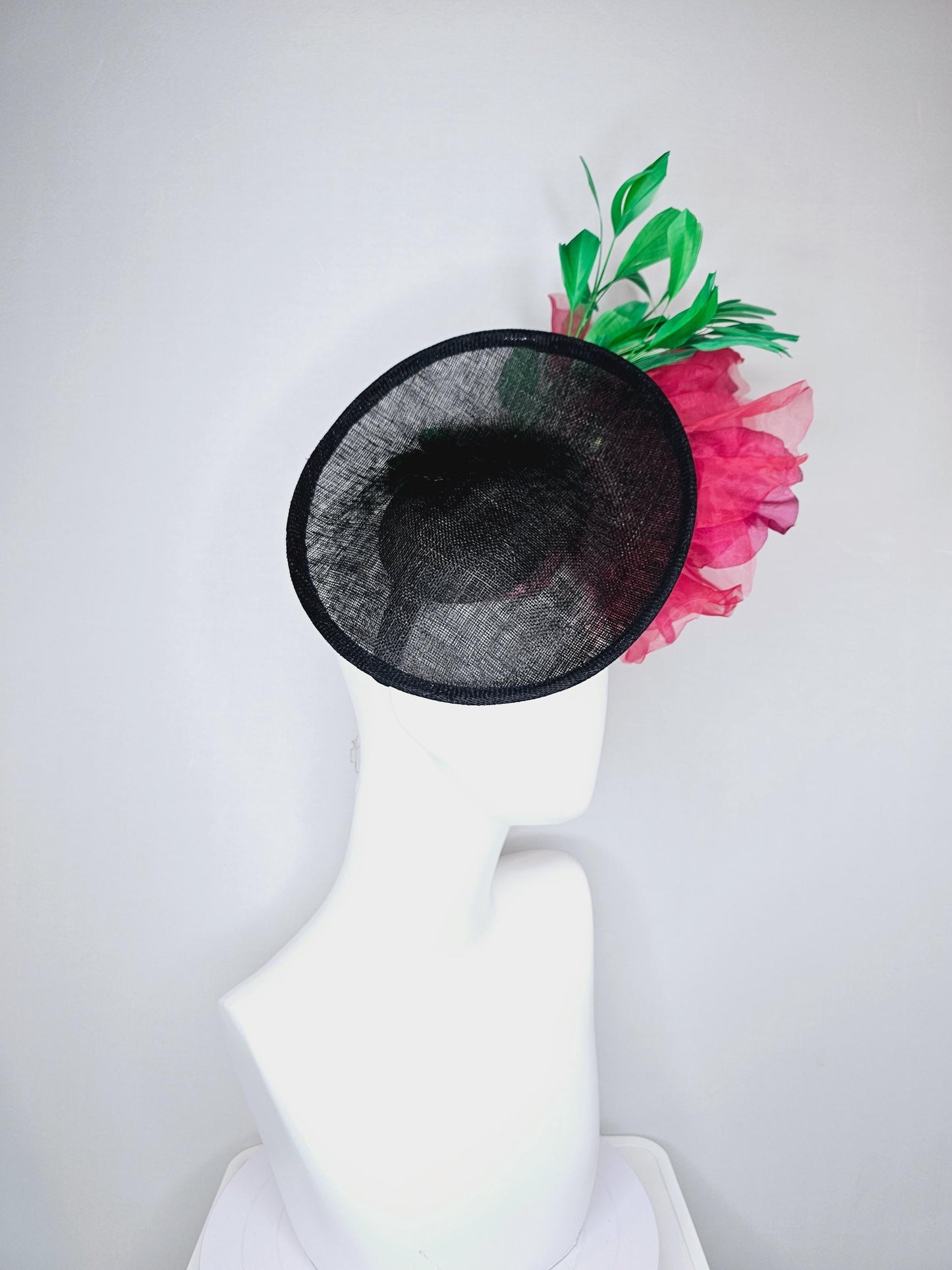 kentucky derby hat fascinator black sinamay saucer with large raspberry pink red organza satin rose and emerald green branching feathers