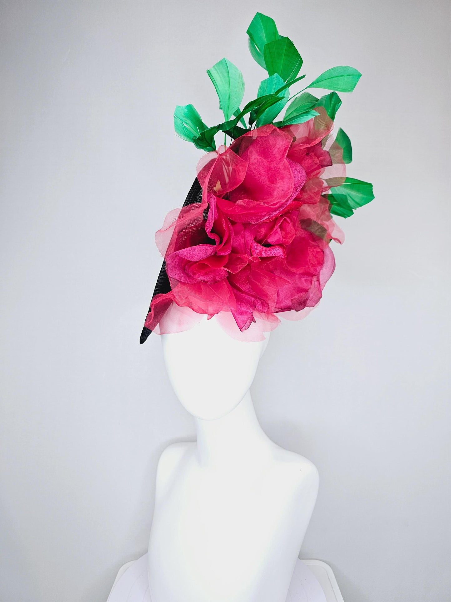 kentucky derby hat fascinator black sinamay saucer with large raspberry pink red organza satin rose and emerald green branching feathers