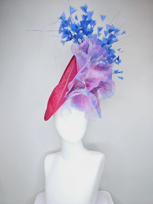 kentucky derby hat fascinator raspberry pink sinamay saucer with large pink blue tie dye organza satin rose, cobalt blue branching feathers