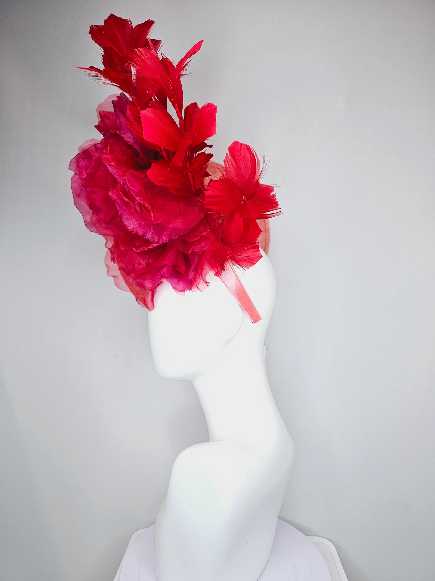 kentucky derby hat fascinator peach coral orange sinamay saucer w/ large burgundy ruby red organza satin rose,scarlet red branching feathers