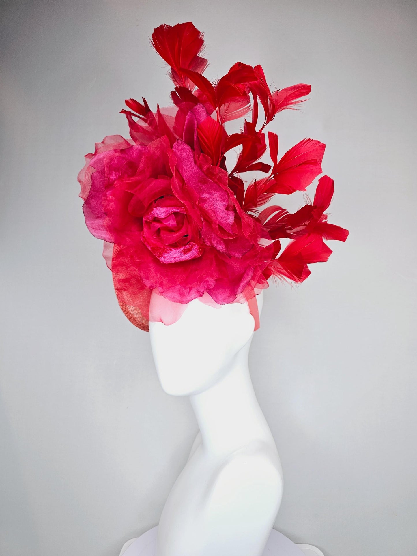 kentucky derby hat fascinator peach coral orange sinamay saucer w/ large burgundy ruby red organza satin rose,scarlet red branching feathers