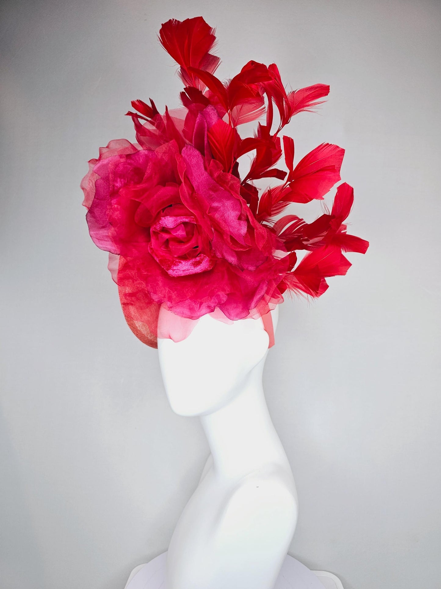 kentucky derby hat fascinator peach coral orange sinamay saucer w/ large burgundy ruby red organza satin rose,scarlet red branching feathers