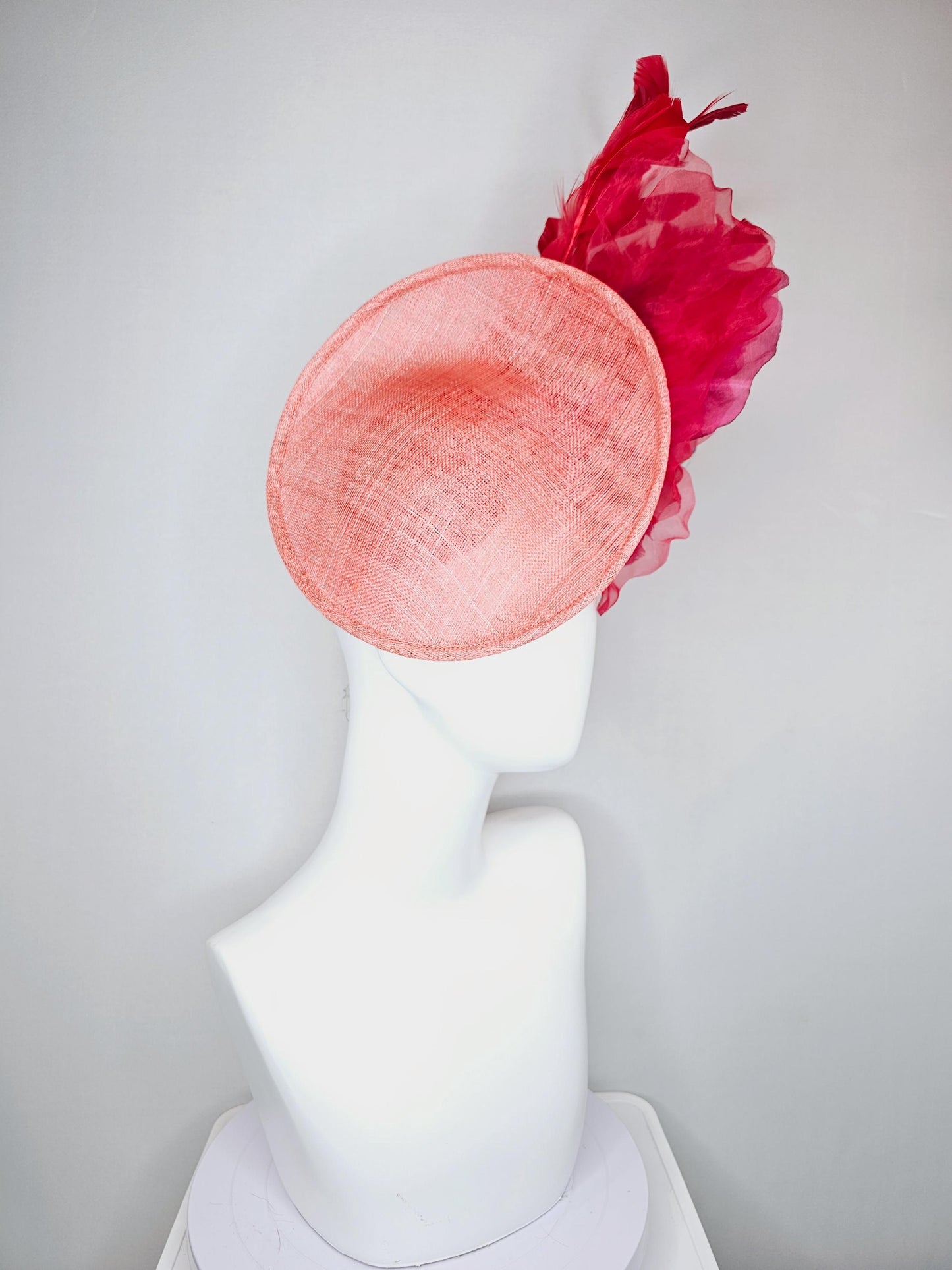 kentucky derby hat fascinator peach coral orange sinamay saucer w/ large burgundy ruby red organza satin rose,scarlet red branching feathers