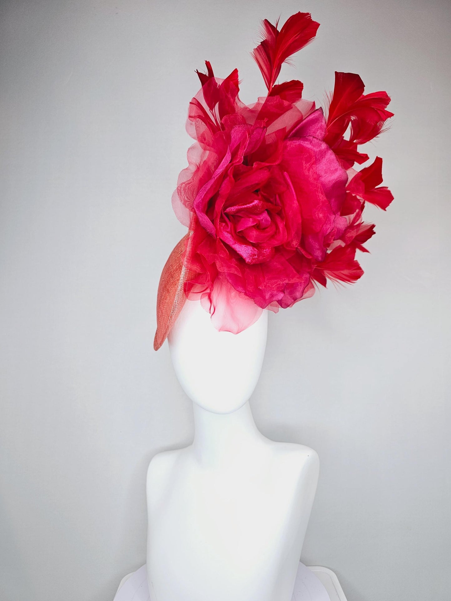 kentucky derby hat fascinator peach coral orange sinamay saucer w/ large burgundy ruby red organza satin rose,scarlet red branching feathers