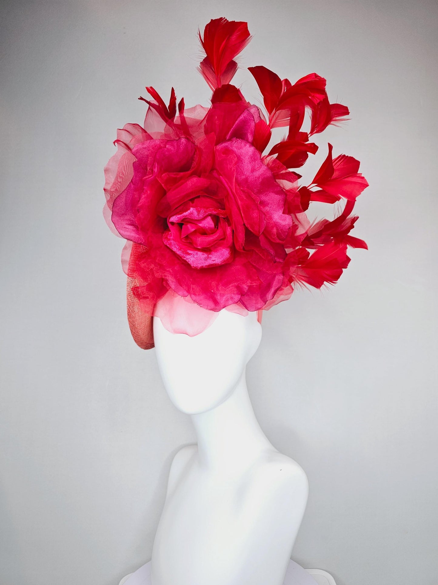 kentucky derby hat fascinator peach coral orange sinamay saucer w/ large burgundy ruby red organza satin rose,scarlet red branching feathers