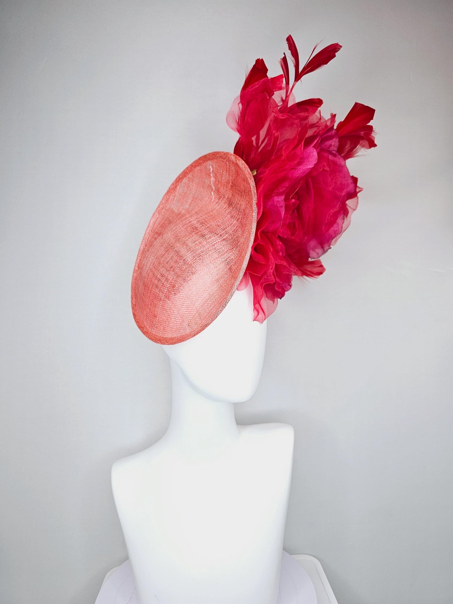 kentucky derby hat fascinator peach coral orange sinamay saucer w/ large burgundy ruby red organza satin rose,scarlet red branching feathers