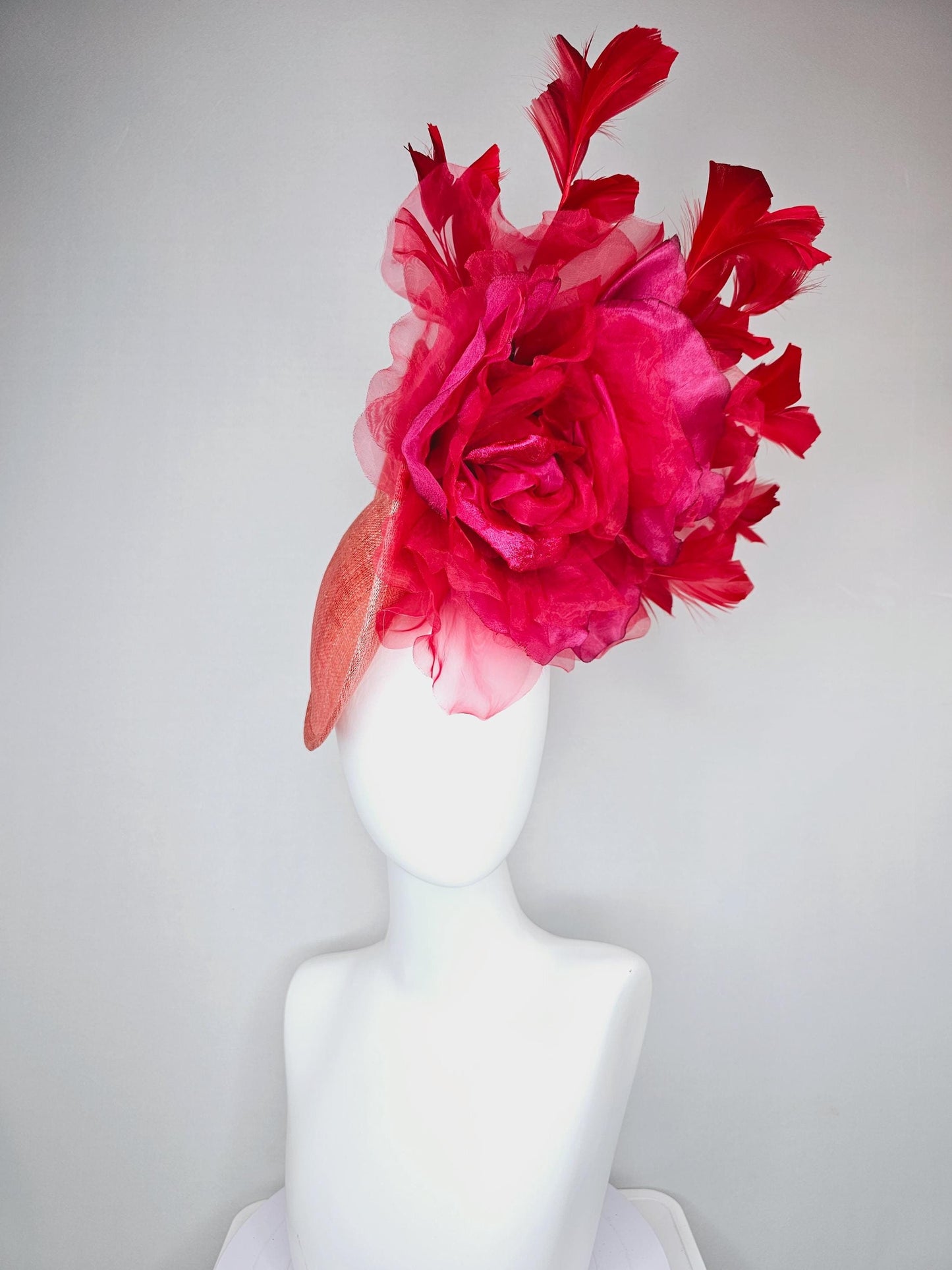 kentucky derby hat fascinator peach coral orange sinamay saucer w/ large burgundy ruby red organza satin rose,scarlet red branching feathers