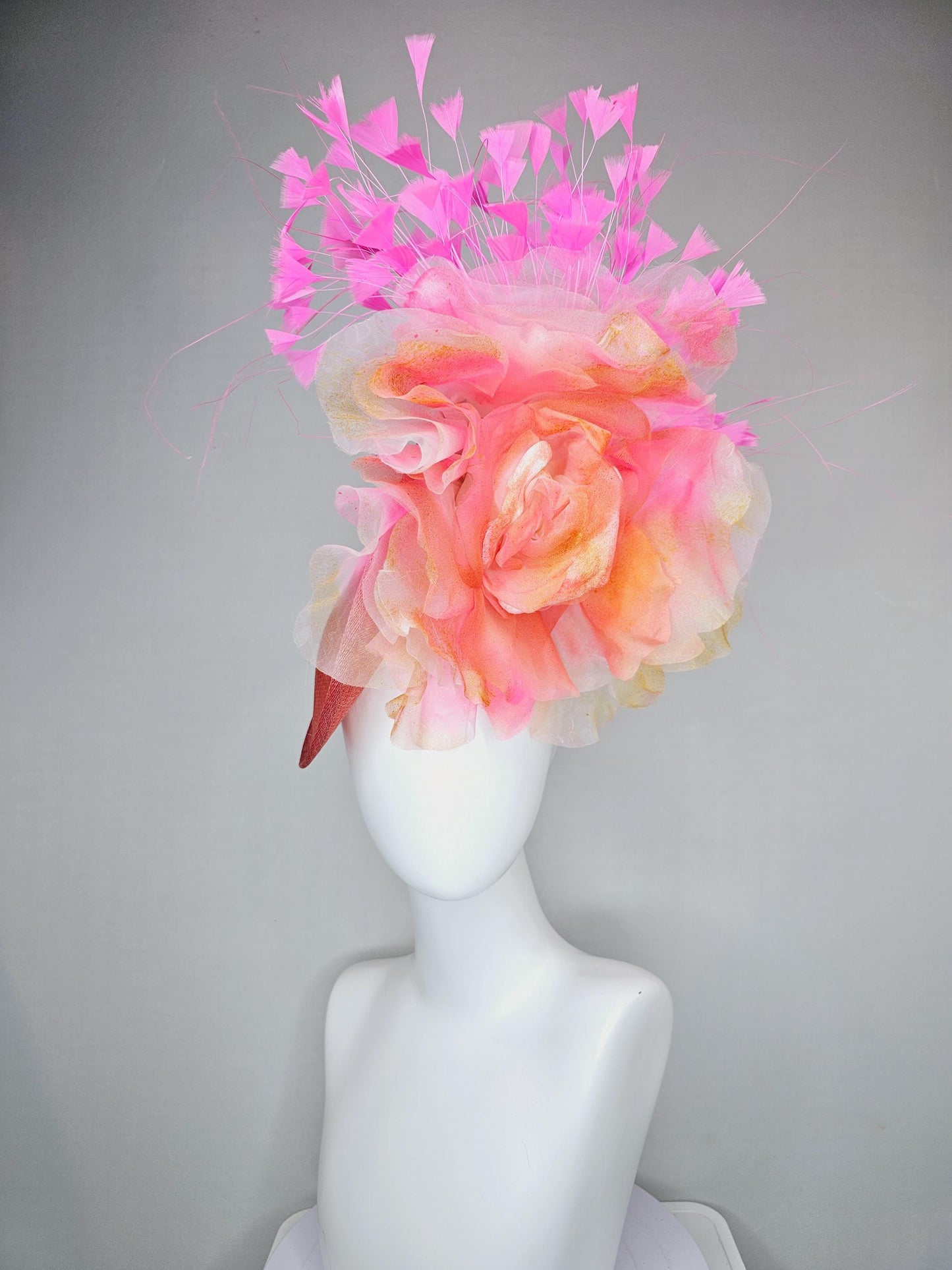 kentucky derby hat fascinator coral orange sinamay saucer with large apricot orange pink tie dye organza satin rose, pink branching feathers