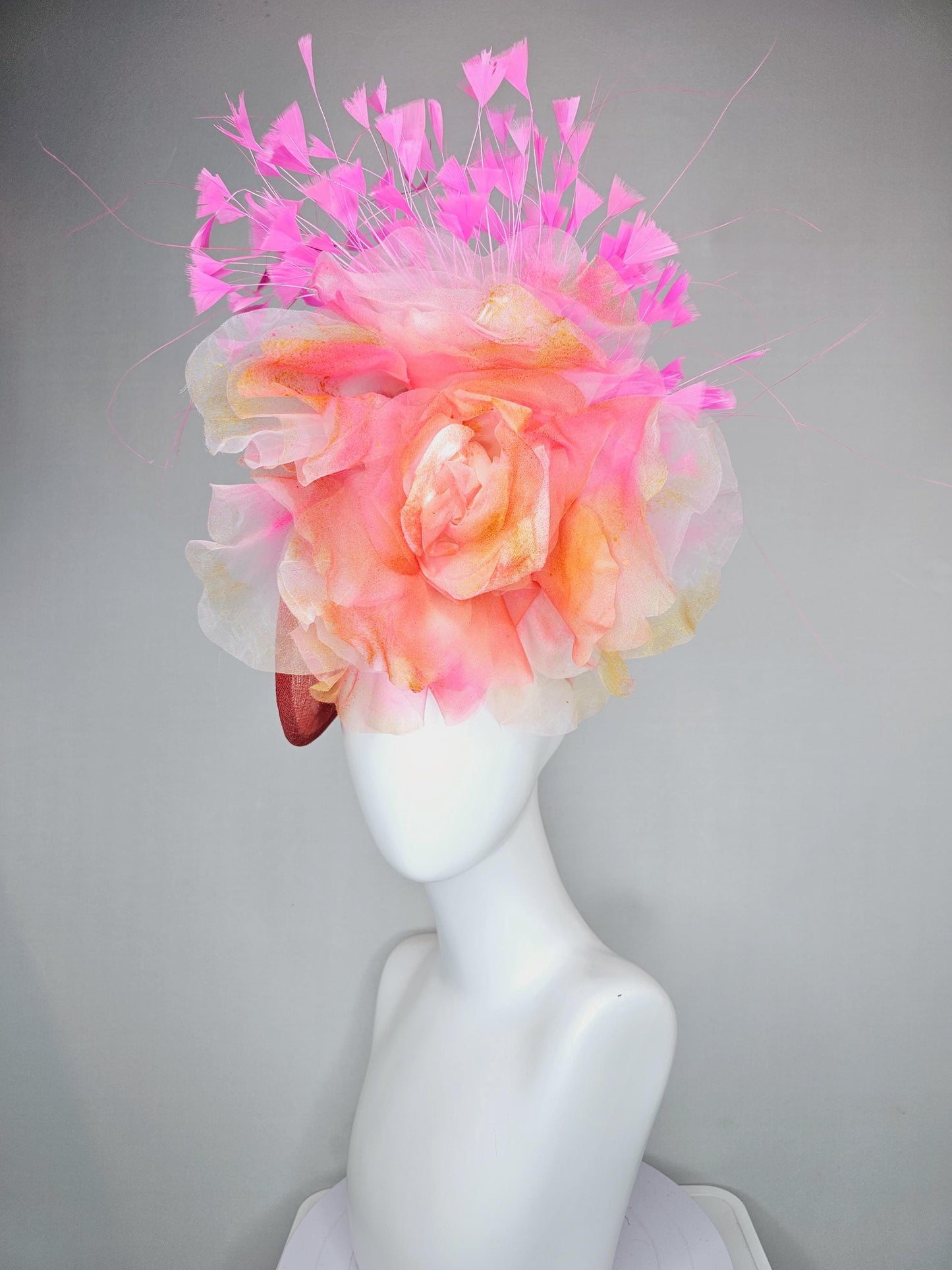 kentucky derby hat fascinator coral orange sinamay saucer with large apricot orange pink tie dye organza satin rose, pink branching feathers