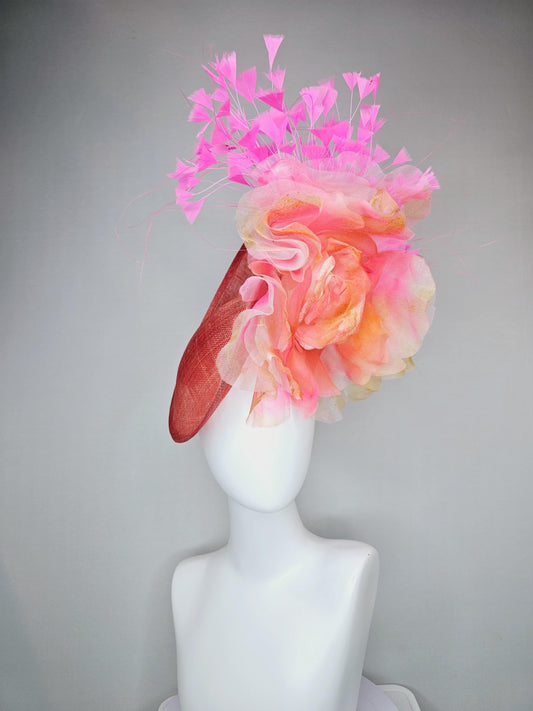 kentucky derby hat fascinator coral orange sinamay saucer with large apricot orange pink tie dye organza satin rose, pink branching feathers