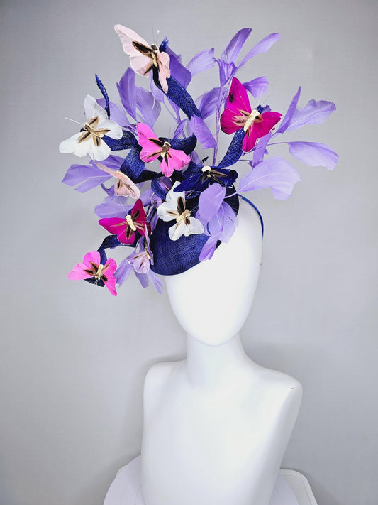 kentucky derby hat fascinator royal blue sinamay w/ sinamay curls and lavender purple branching feathers,white pink blue feather butterflies