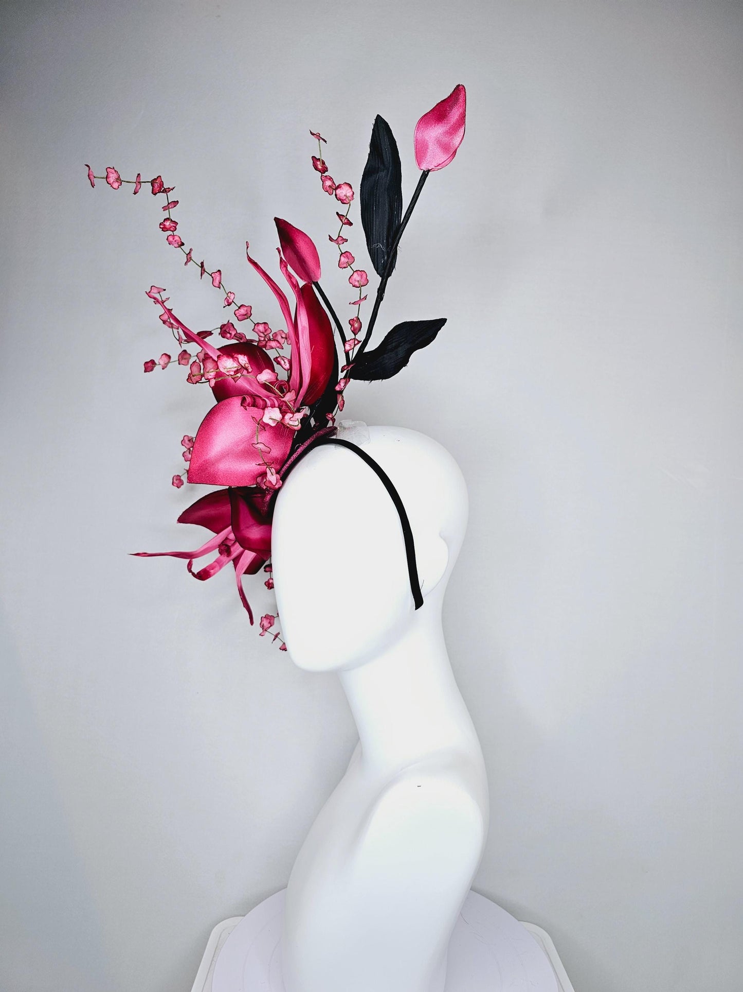 kentucky derby hat fascinator large ombre raspberry pink satin flowers with curls,black satin leaves,ombre pink flower stems on sinamay base