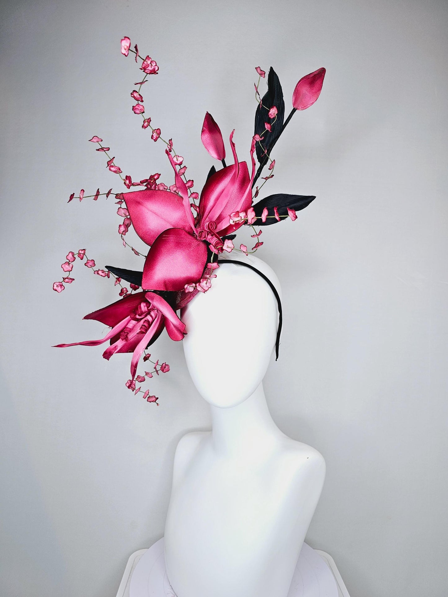 kentucky derby hat fascinator large ombre raspberry pink satin flowers with curls,black satin leaves,ombre pink flower stems on sinamay base