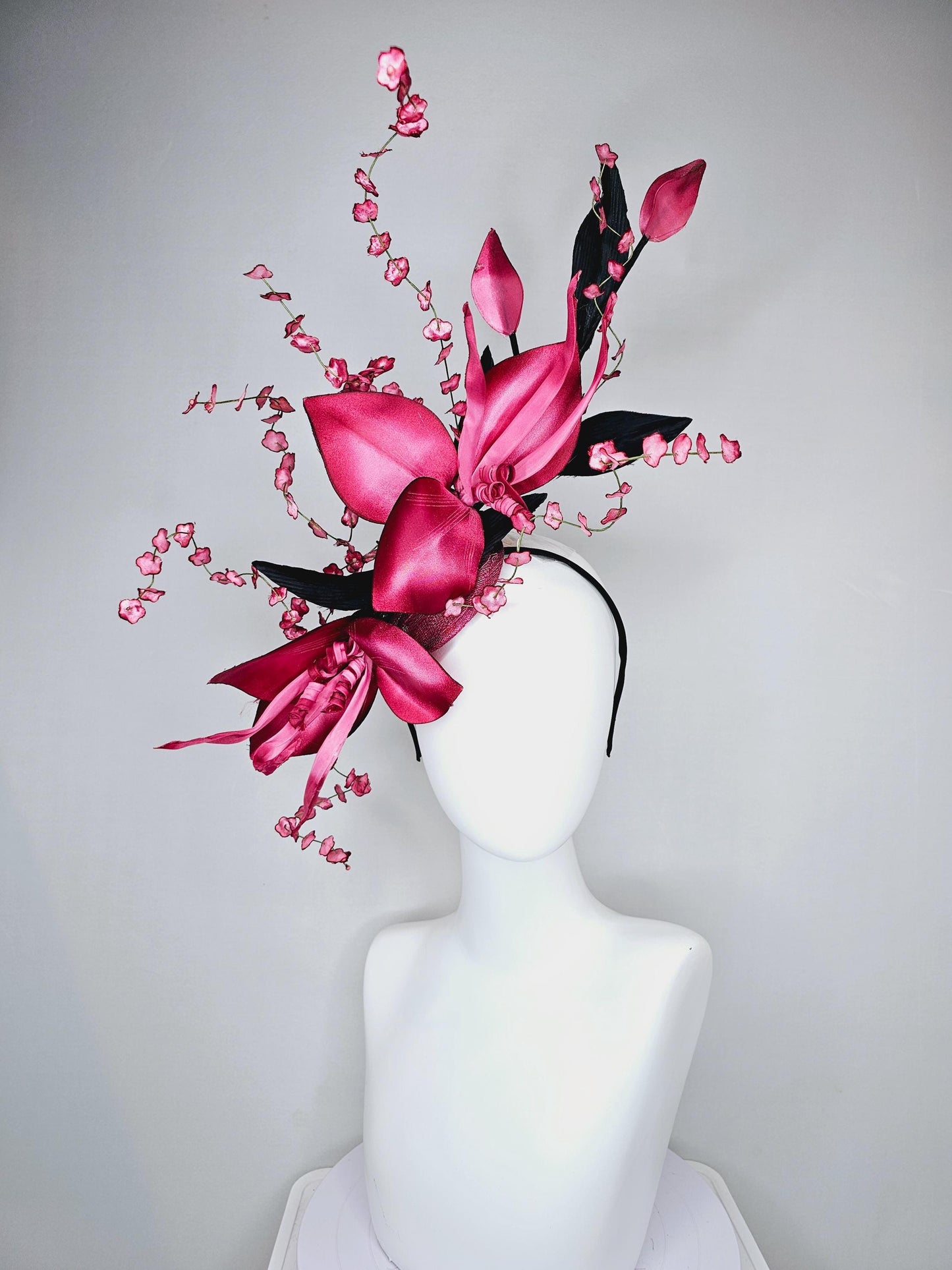 kentucky derby hat fascinator large ombre raspberry pink satin flowers with curls,black satin leaves,ombre pink flower stems on sinamay base