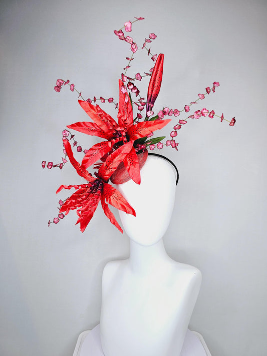 kentucky derby hat fascinator large coral orange purple satin lily flowers with curls, green leaves, ombre pink flower stems on sinamay base