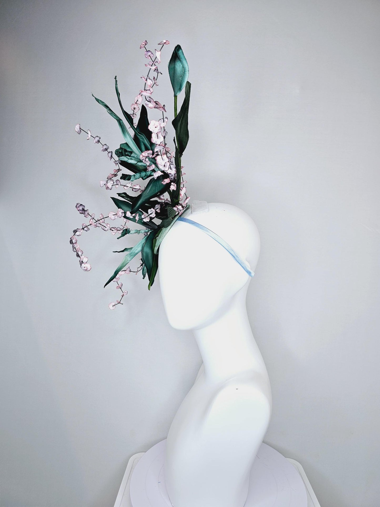 kentucky derby hat fascinator large ombre teal green satin flowers w/ curls,olive green satin leaves,ombre pink flower stems on sinamay base