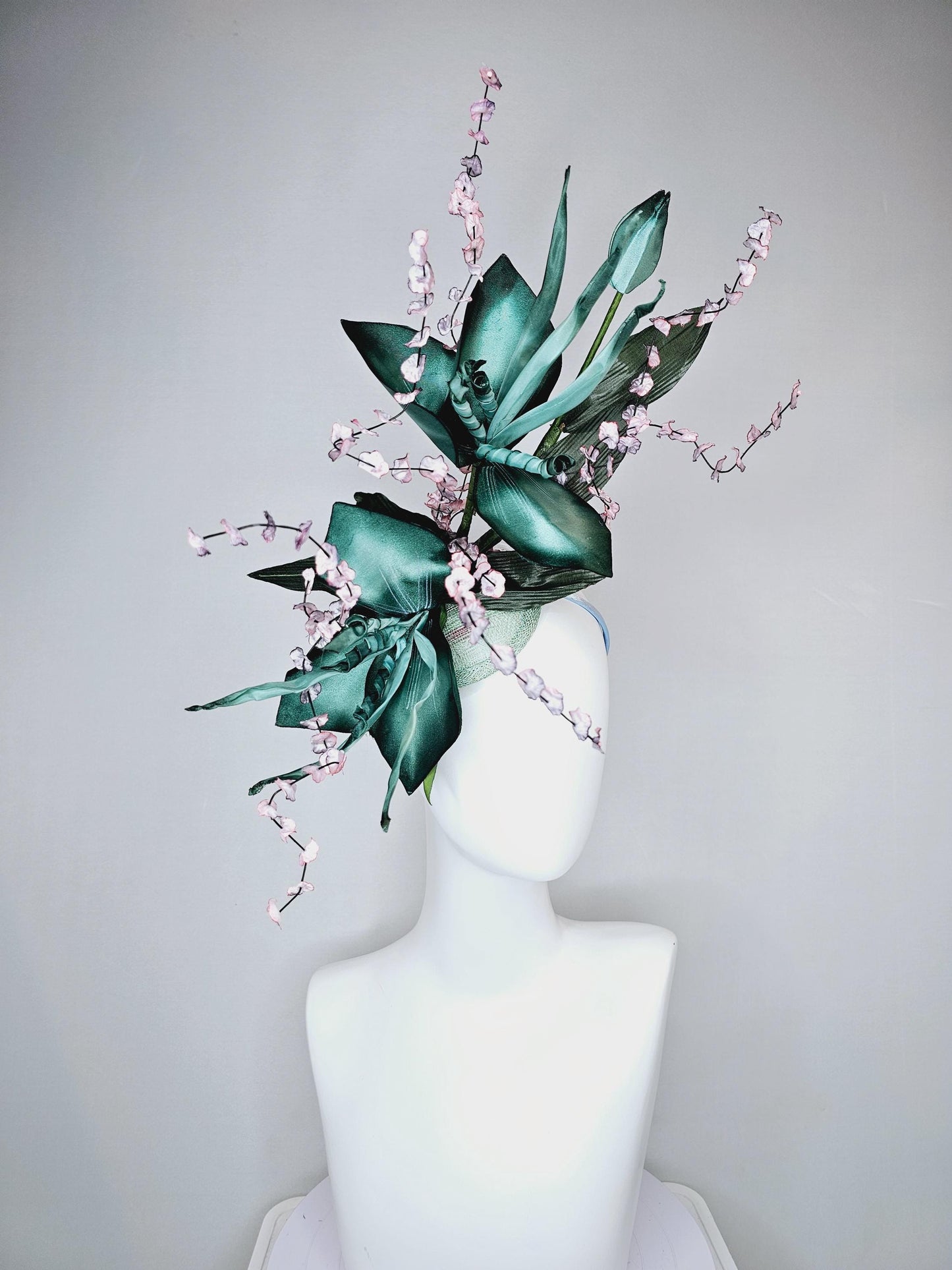 kentucky derby hat fascinator large ombre teal green satin flowers w/ curls,olive green satin leaves,ombre pink flower stems on sinamay base