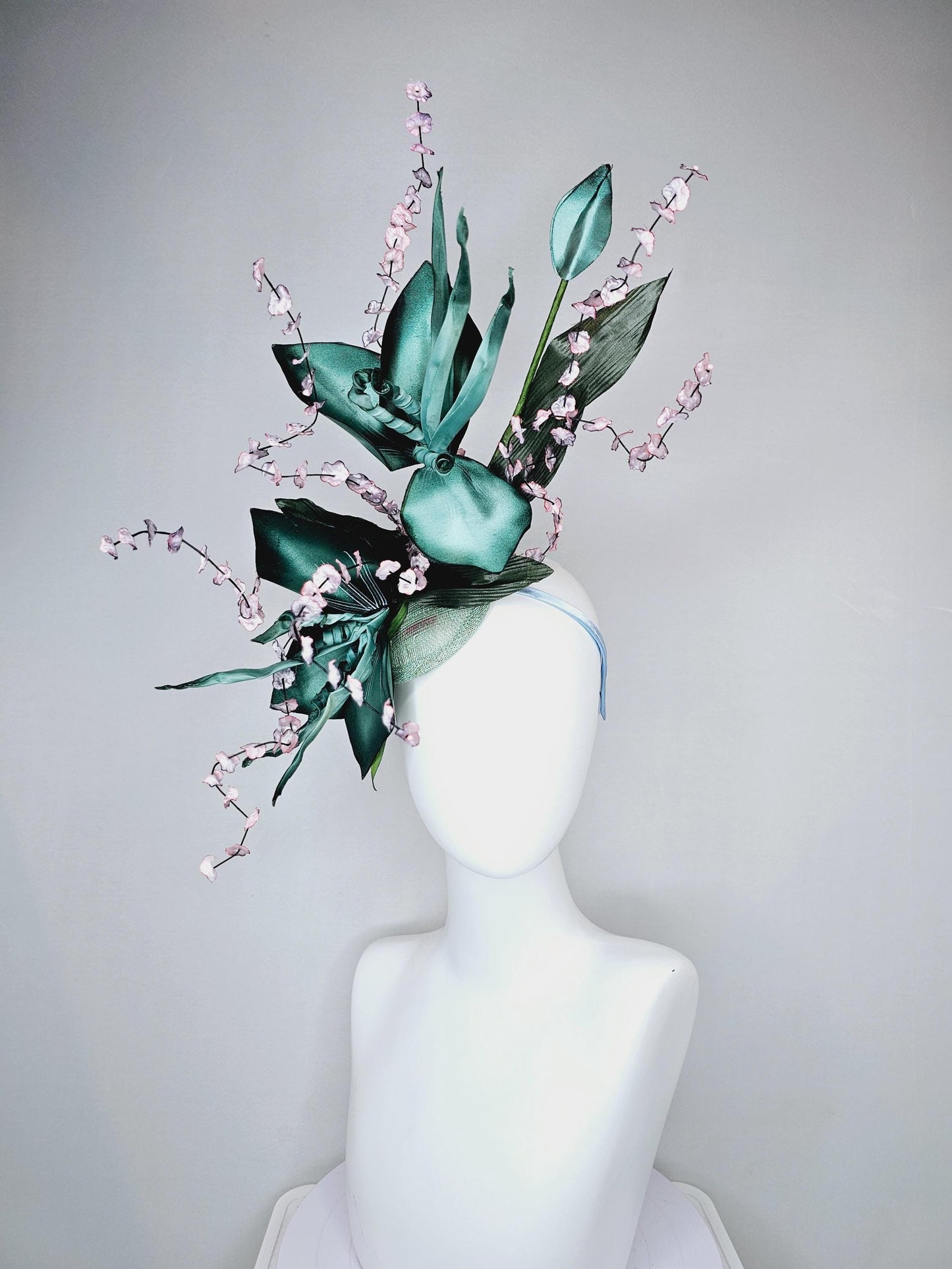 kentucky derby hat fascinator large ombre teal green satin flowers w/ curls,olive green satin leaves,ombre pink flower stems on sinamay base