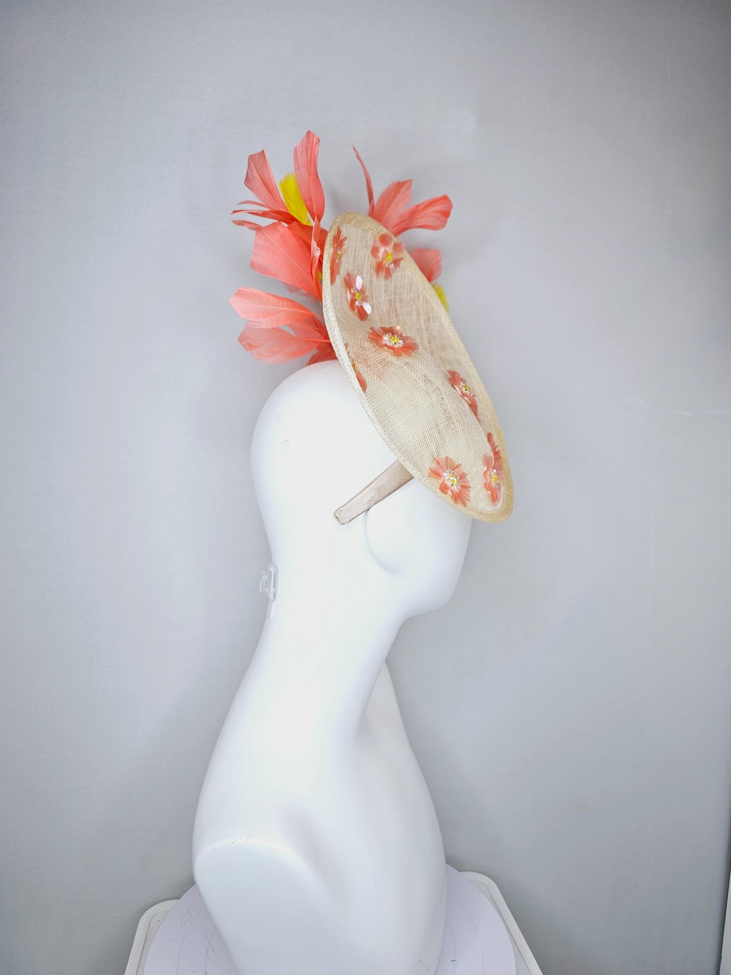 kentucky derby hat fascinator ivory white sinamay saucer with peach orange yellow sequin crystal beaded flowers,peach orange yellow feathers