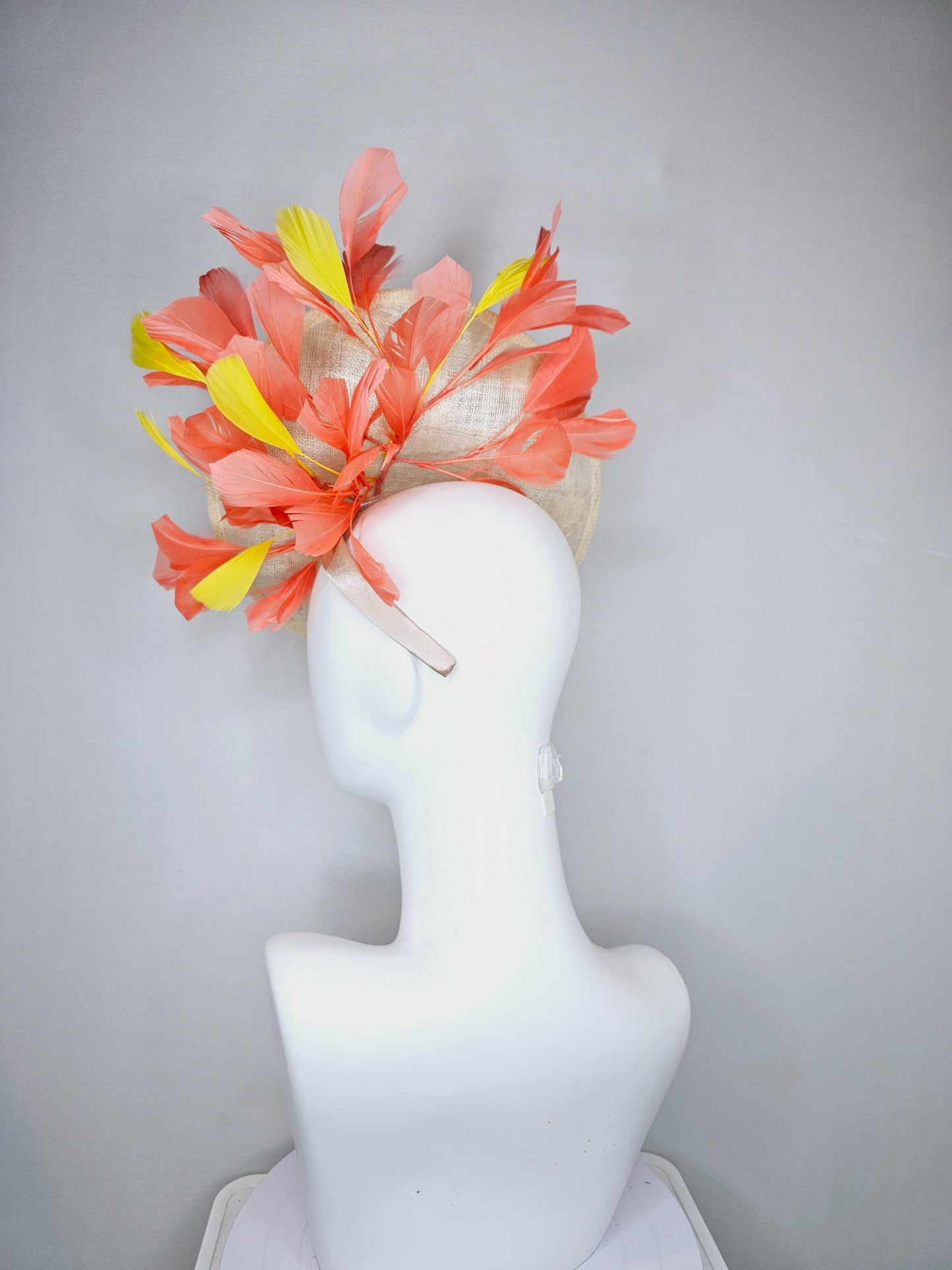 kentucky derby hat fascinator ivory white sinamay saucer with peach orange yellow sequin crystal beaded flowers,peach orange yellow feathers