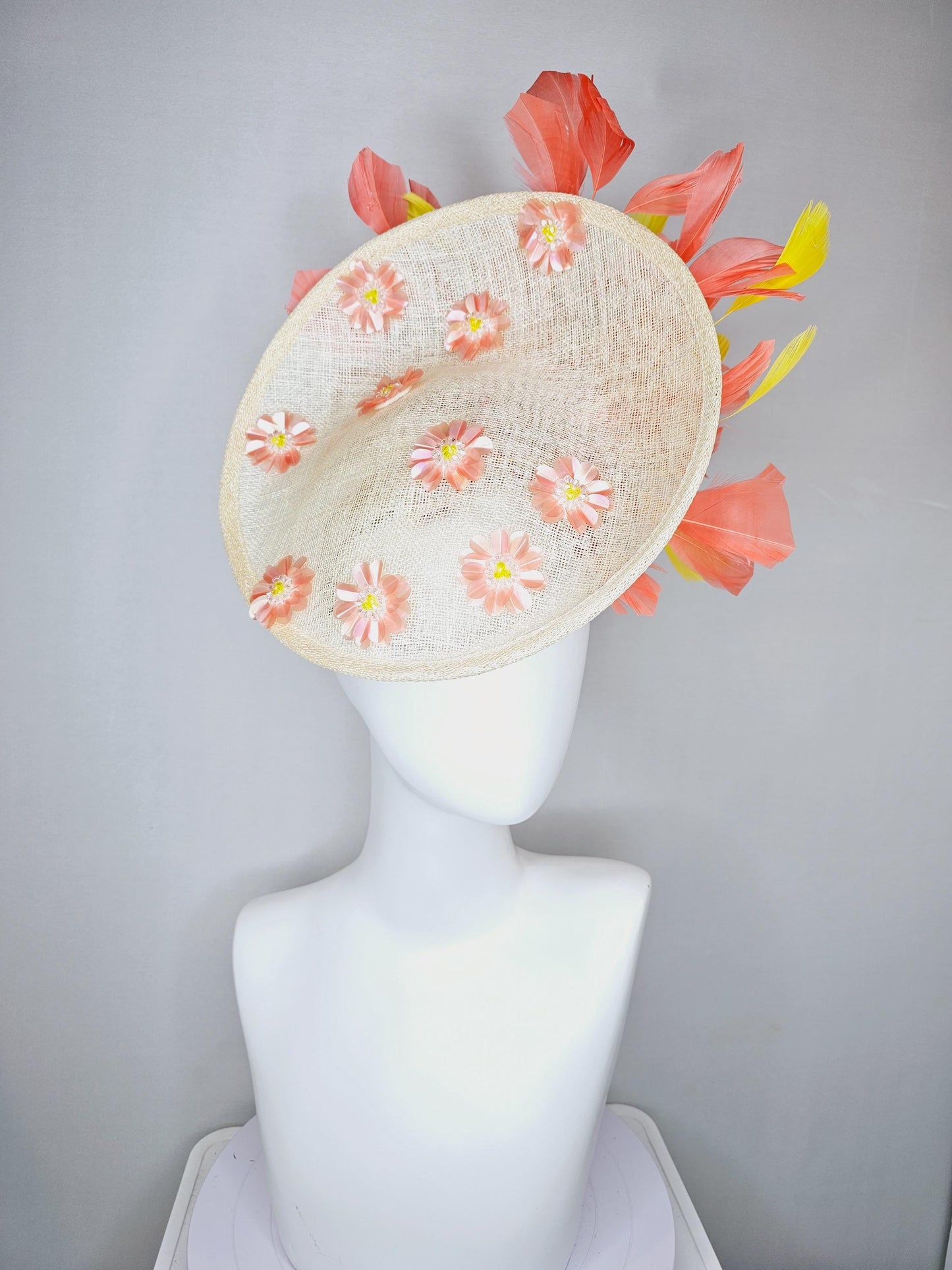 kentucky derby hat fascinator ivory white sinamay saucer with peach orange yellow sequin crystal beaded flowers,peach orange yellow feathers