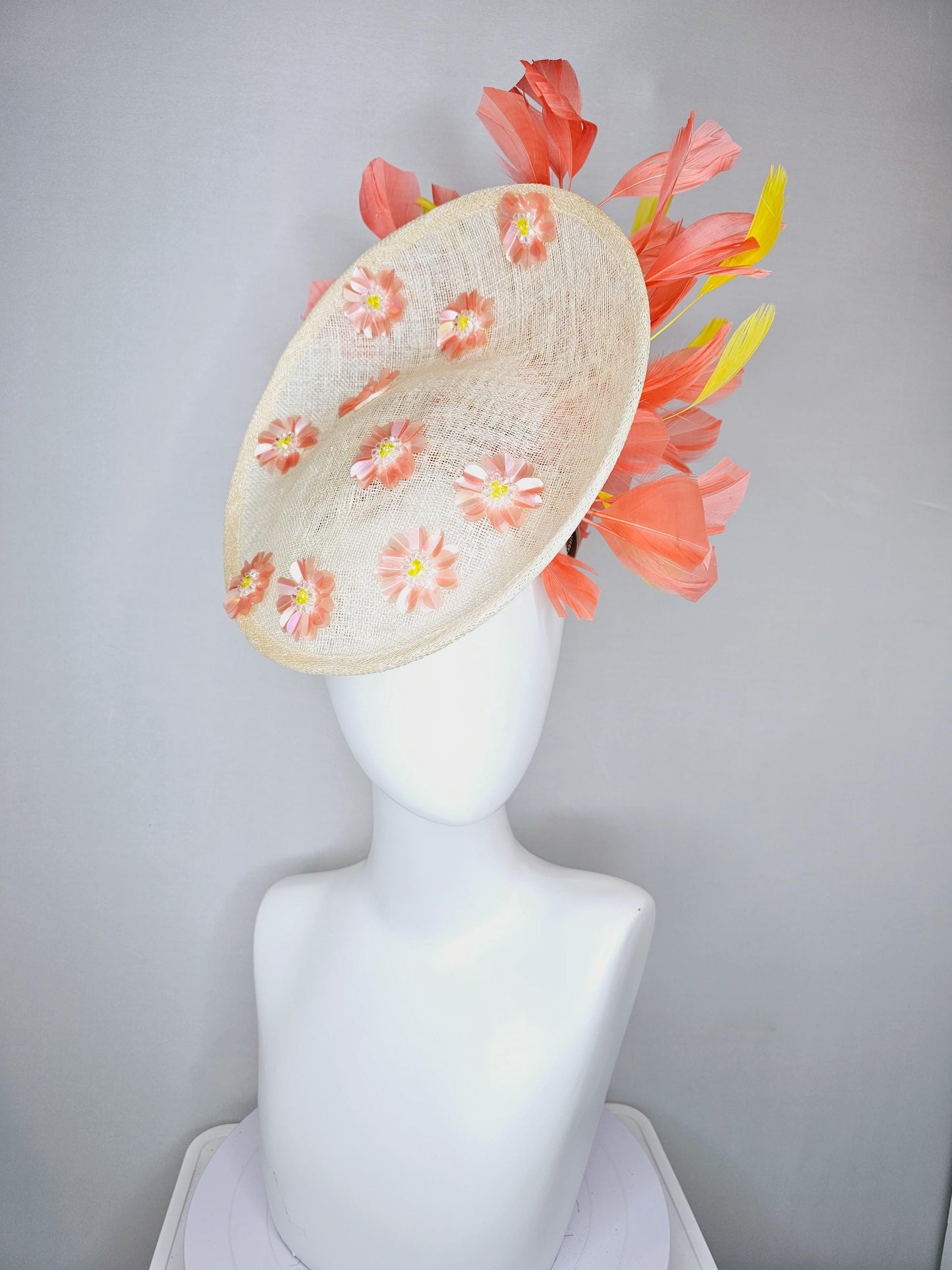 kentucky derby hat fascinator ivory white sinamay saucer with peach orange yellow sequin crystal beaded flowers,peach orange yellow feathers