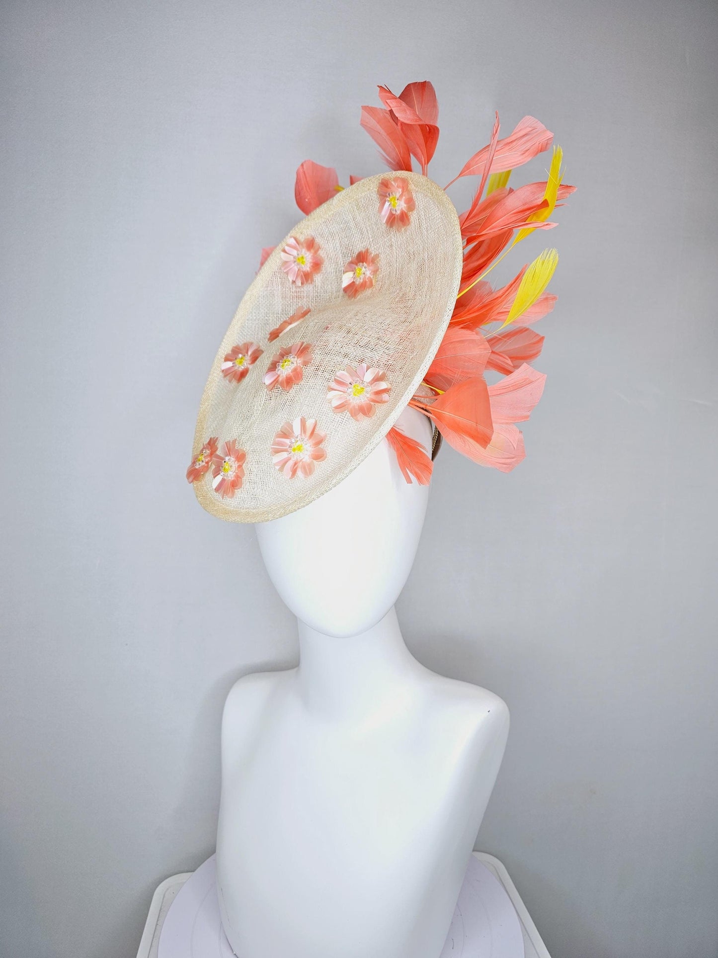 kentucky derby hat fascinator ivory white sinamay saucer with peach orange yellow sequin crystal beaded flowers,peach orange yellow feathers