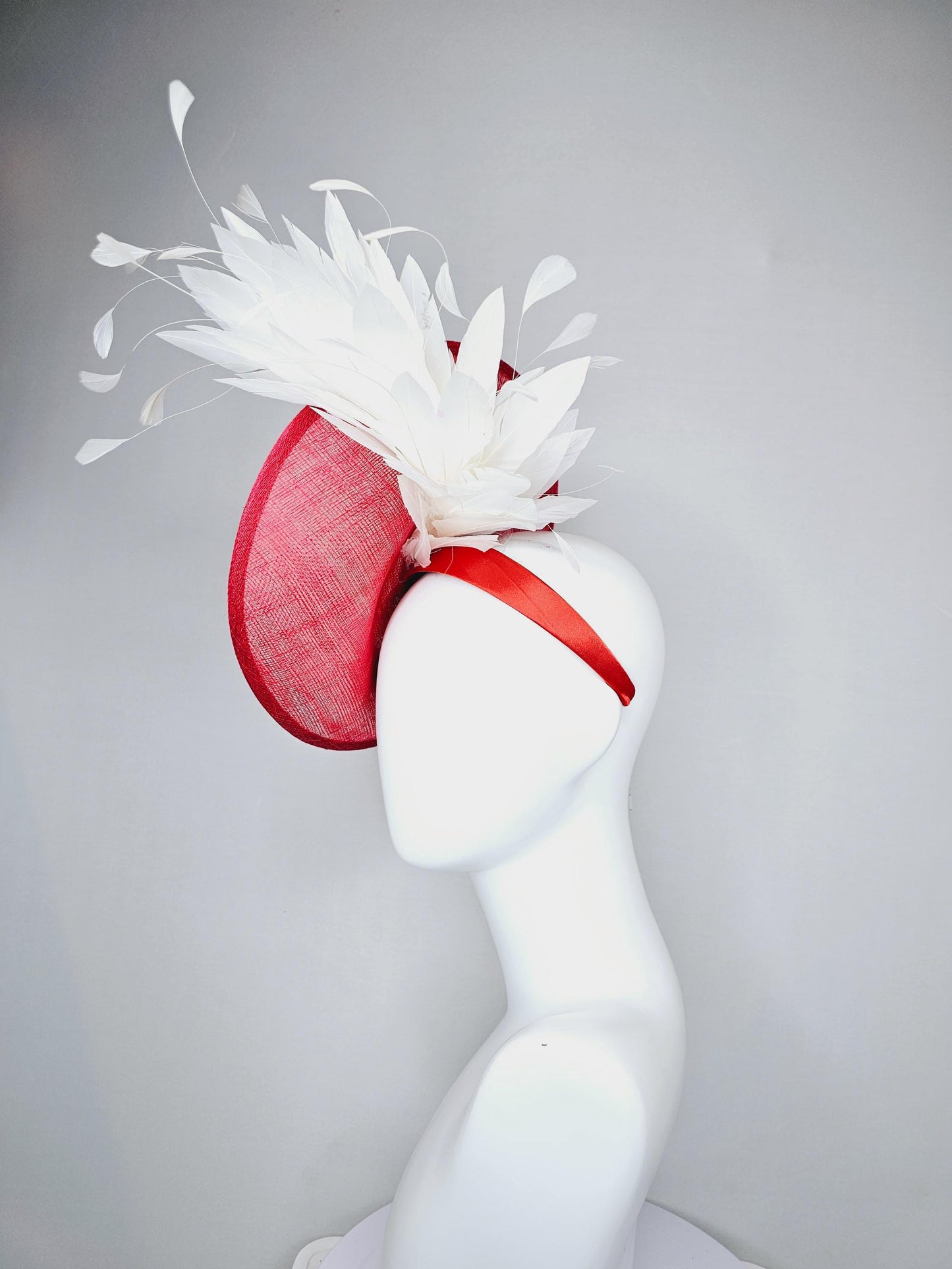 kentucky derby hat fascinator red sinamay saucer with pearl red gold crystal jewel beaded flowers and white feathers